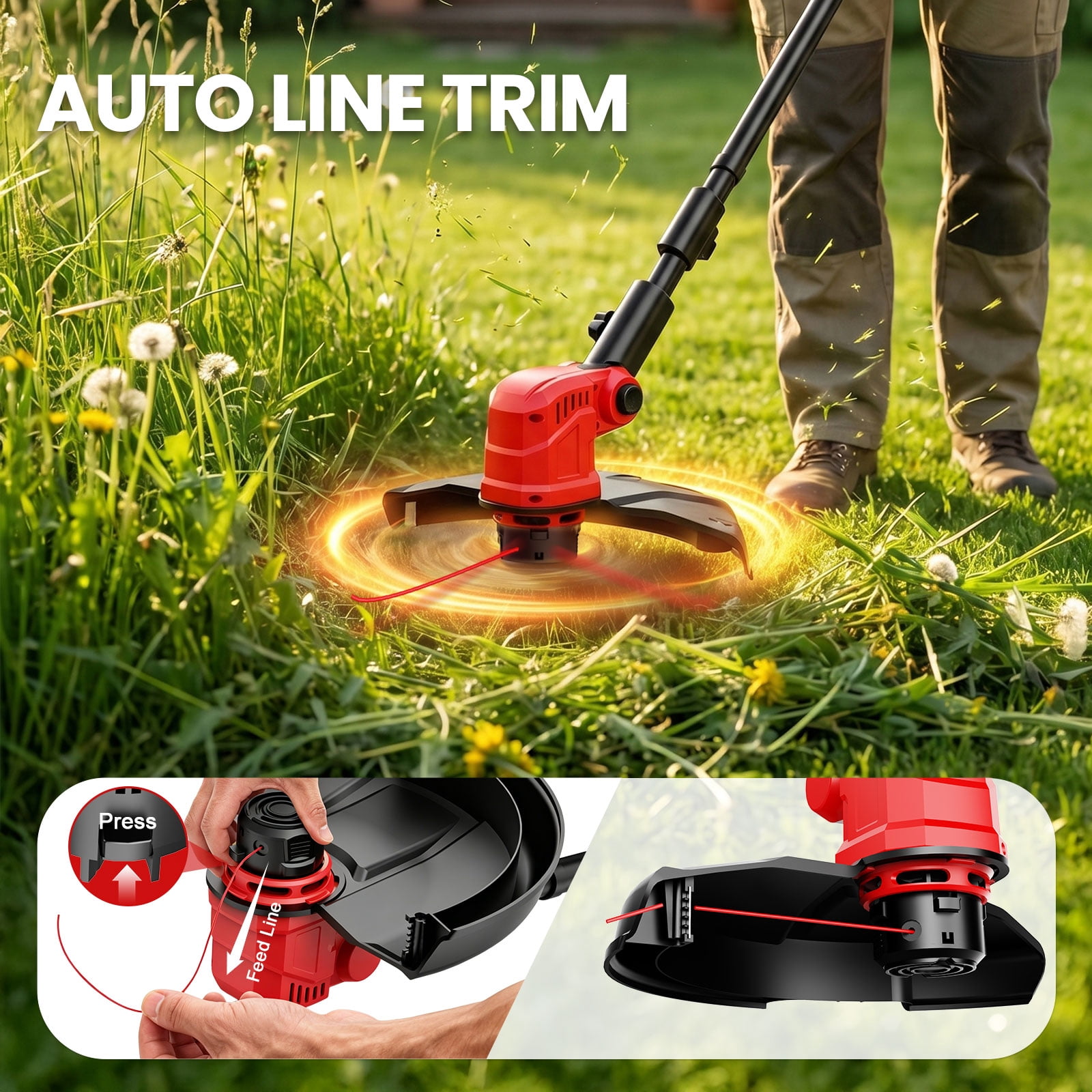 Tanbaby Cordless String Trimmer, Electric Weed Eater with 2 Batteries and Auxiliary Wheel (12 in) 3pzma