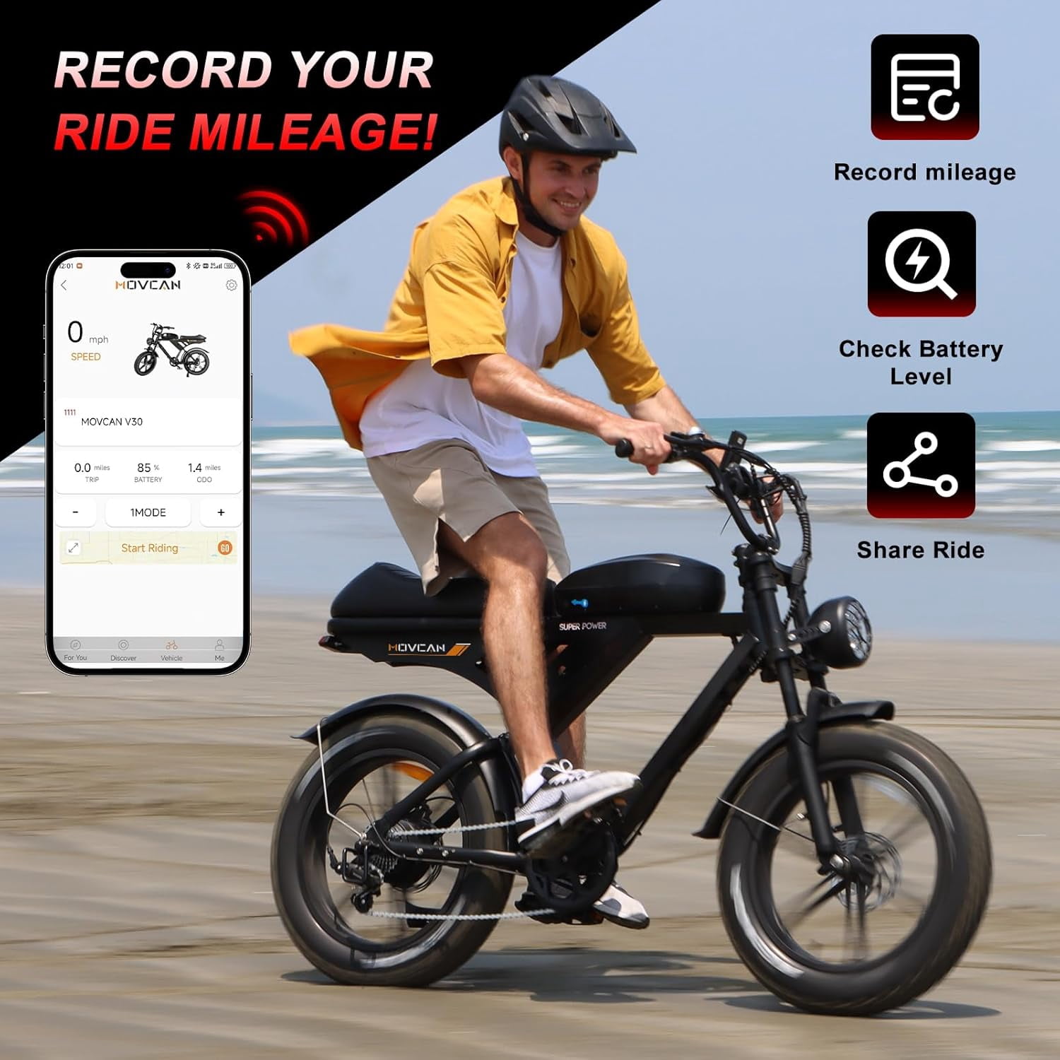 Movcan V30 Electric Bike for Adults, 1000W Motor 20 in Fat Tire Off-Road Mountain Ebike (Black, 48V 15.6Ah) wihzd