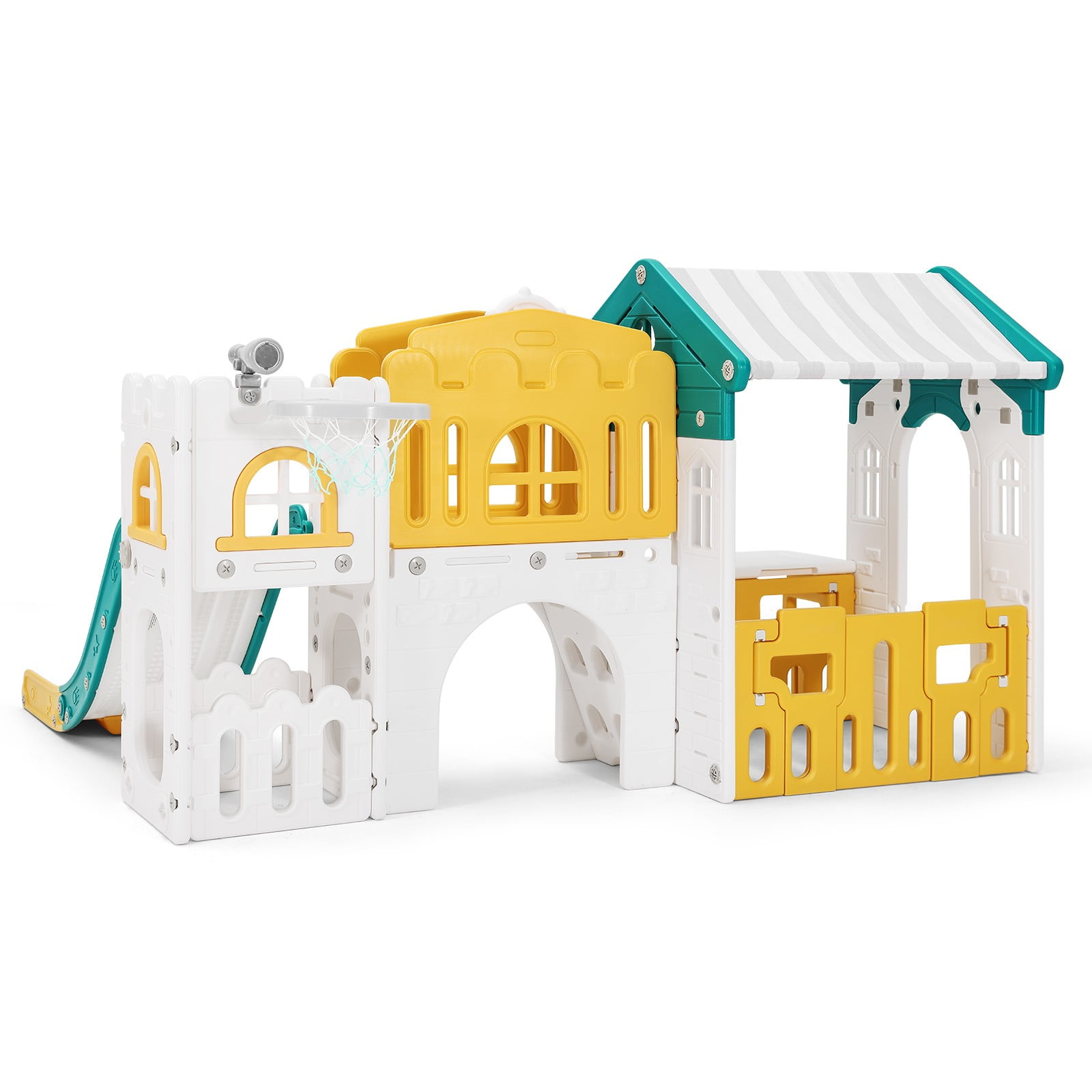 Joyldias 9-in-1 Toddler Slide and Playhouse Playset with Basketball Hoop and Climbing Ladder (Green, Yellow, White) k0fc2