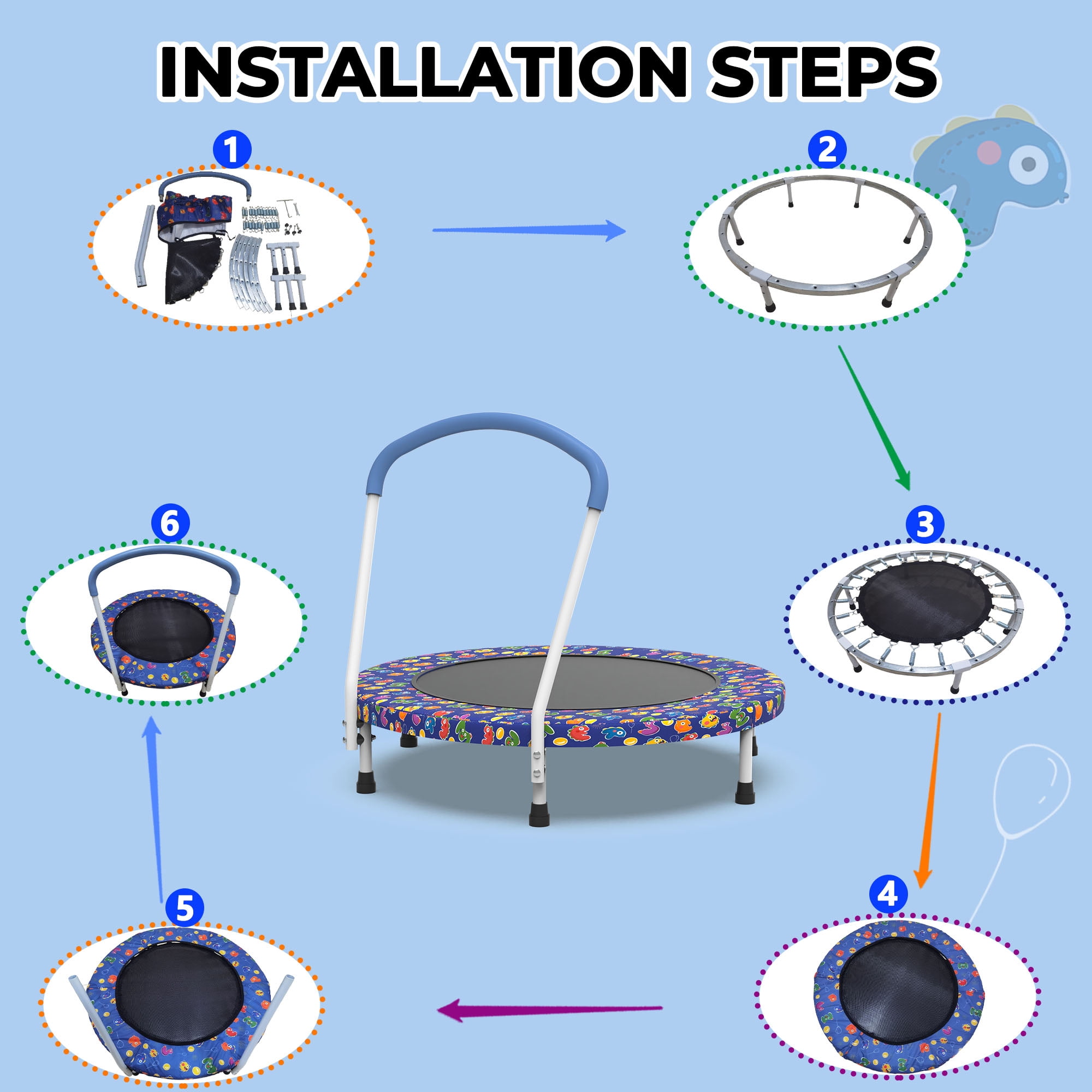 Mersco 36 in Kids Indoor Trampoline with Padded Handlebar (Blue, 36 in) 3teca