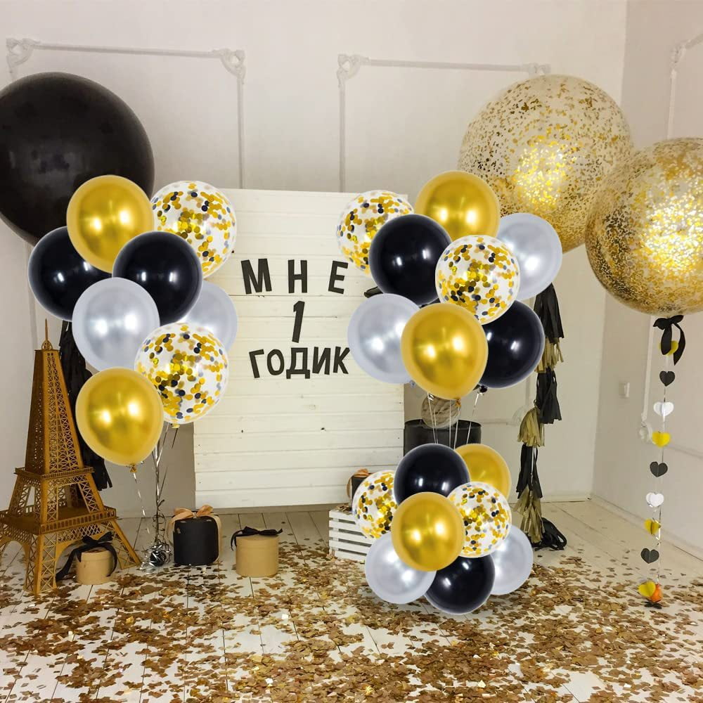 Heldig Latex Balloon Set for Party Decorations (Black, Gold, Silver, 60 Pack) aj03y