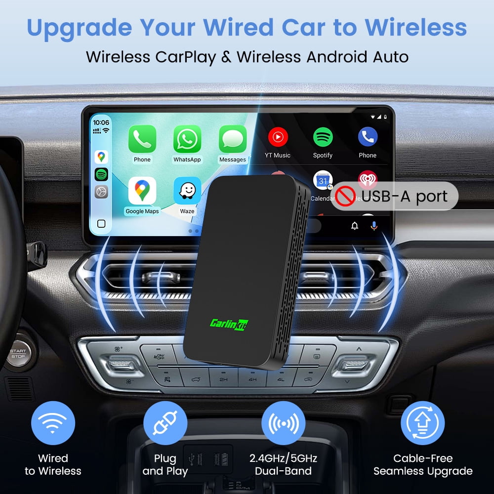 Carlinkit 5.0 Wireless Apple CarPlay and Android Auto Adapter, Plug and Play Dongle with 5.8GHz WiFi (Black, 1 Pack) 6xcf3