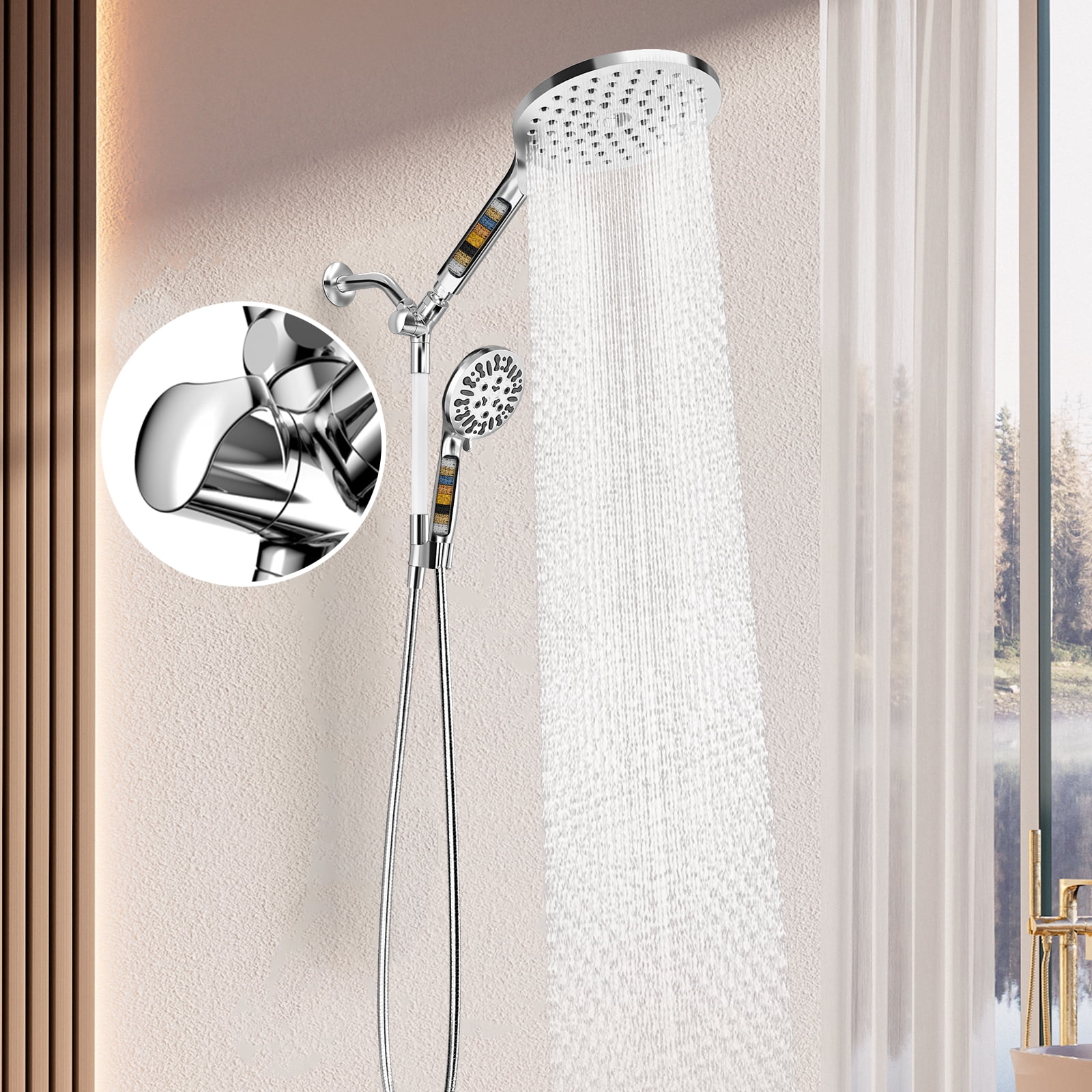 KAIYING Filtered Dual Shower Head System, 9-Mode Rain and Handheld Spray Combo with Adjustable Extension Arm (Chrome, 7.5 in) dsyqg