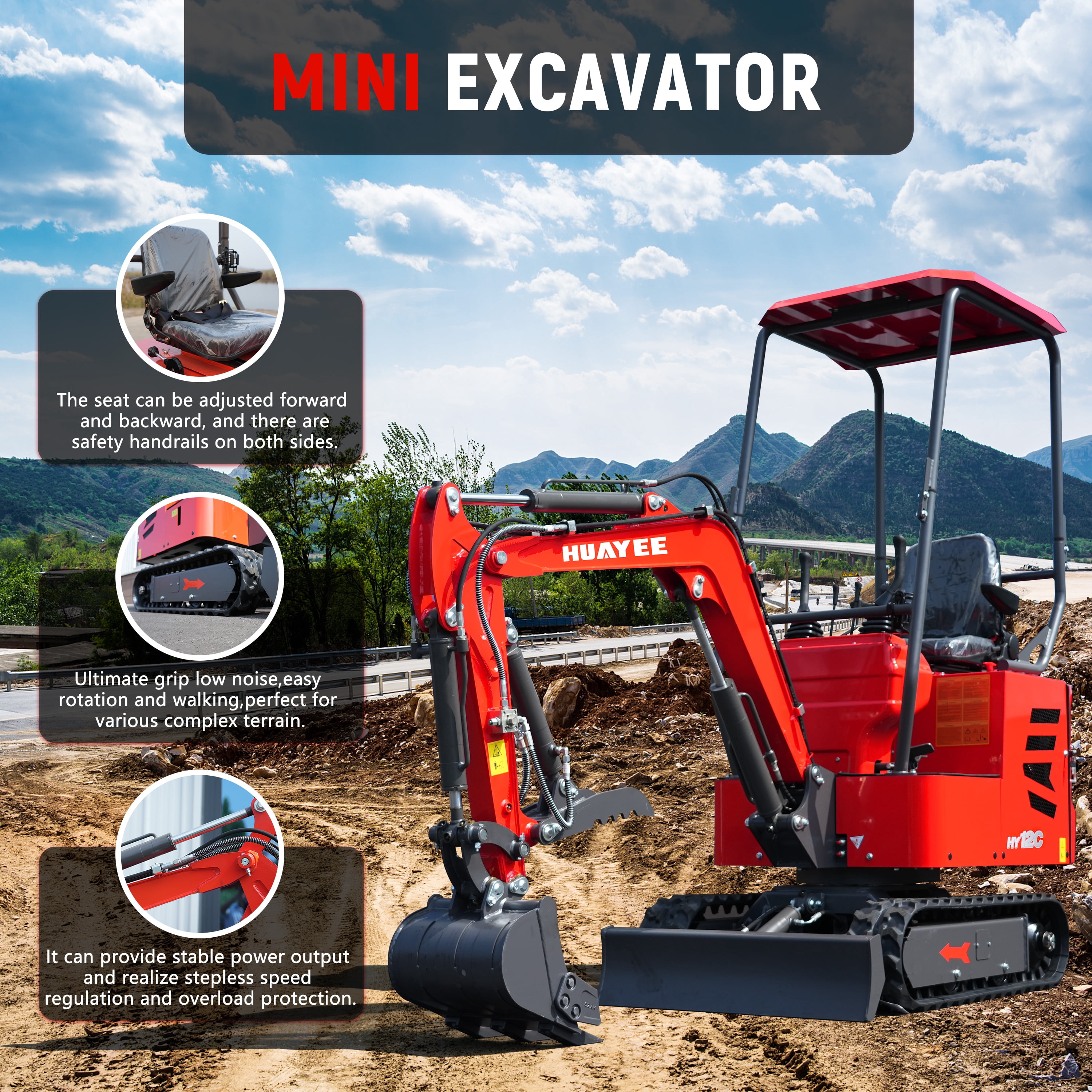 HUAYEE HY12C Mini Excavator with Hydraulic Thumb and 13.5 HP EPA Gasoline Engine (1.2 Ton, 31.5 in Bucket) utyy3