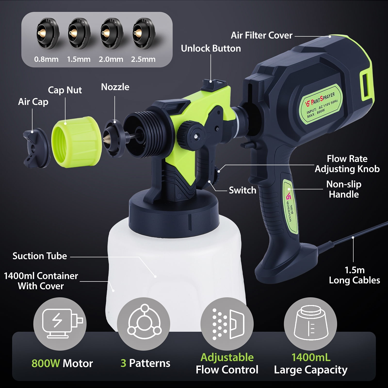 FOUKUS Electric HVLP Paint Sprayer Gun, High-Pressure Handheld Sprayer for Furniture and Walls (Green, 47.34 fl oz) 4jsbi