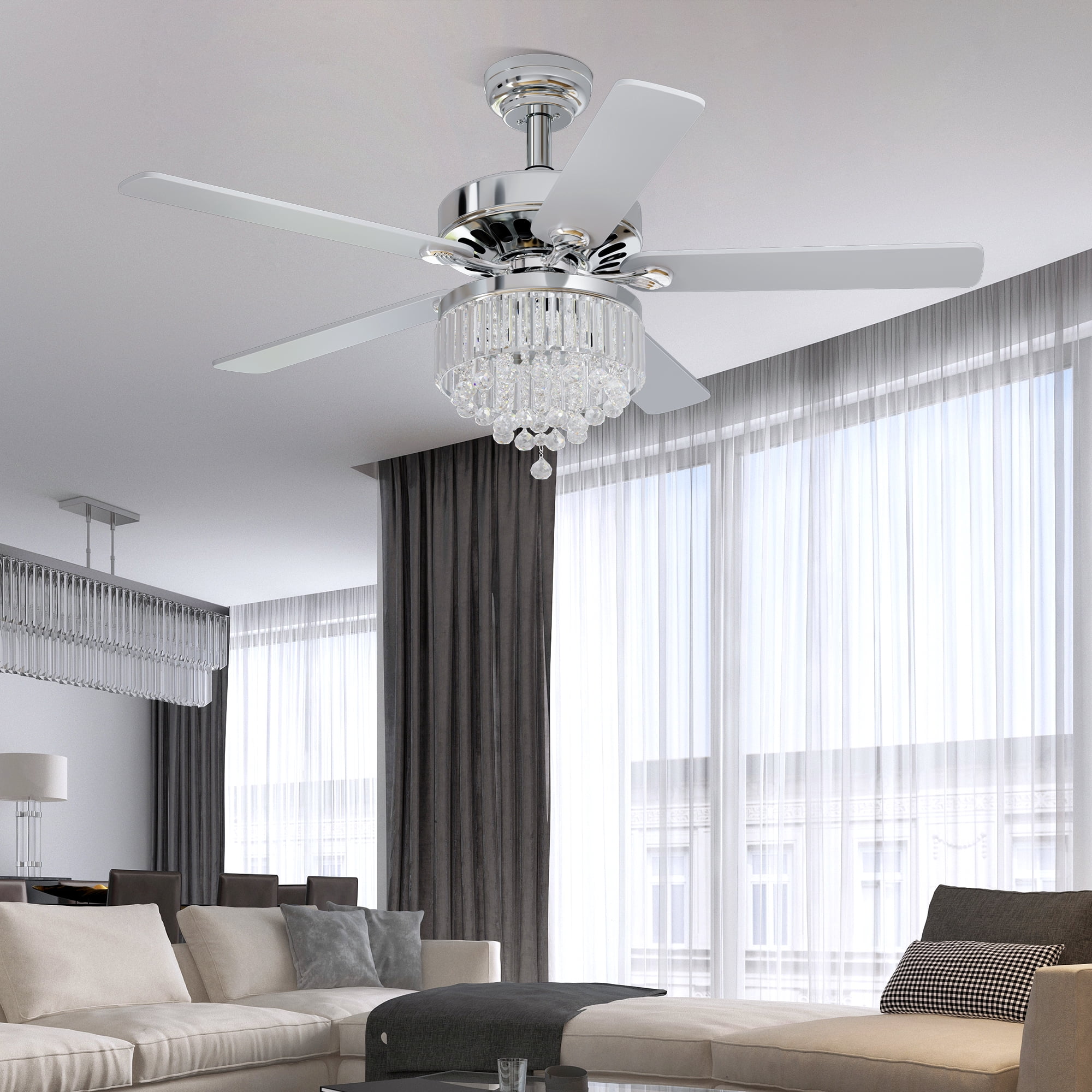 Dextrus 52 in Chandelier Ceiling Fan with Remote, Crystal Light Fixture, Silent Reversible Motor, Chrome (52 in) 6qwa1