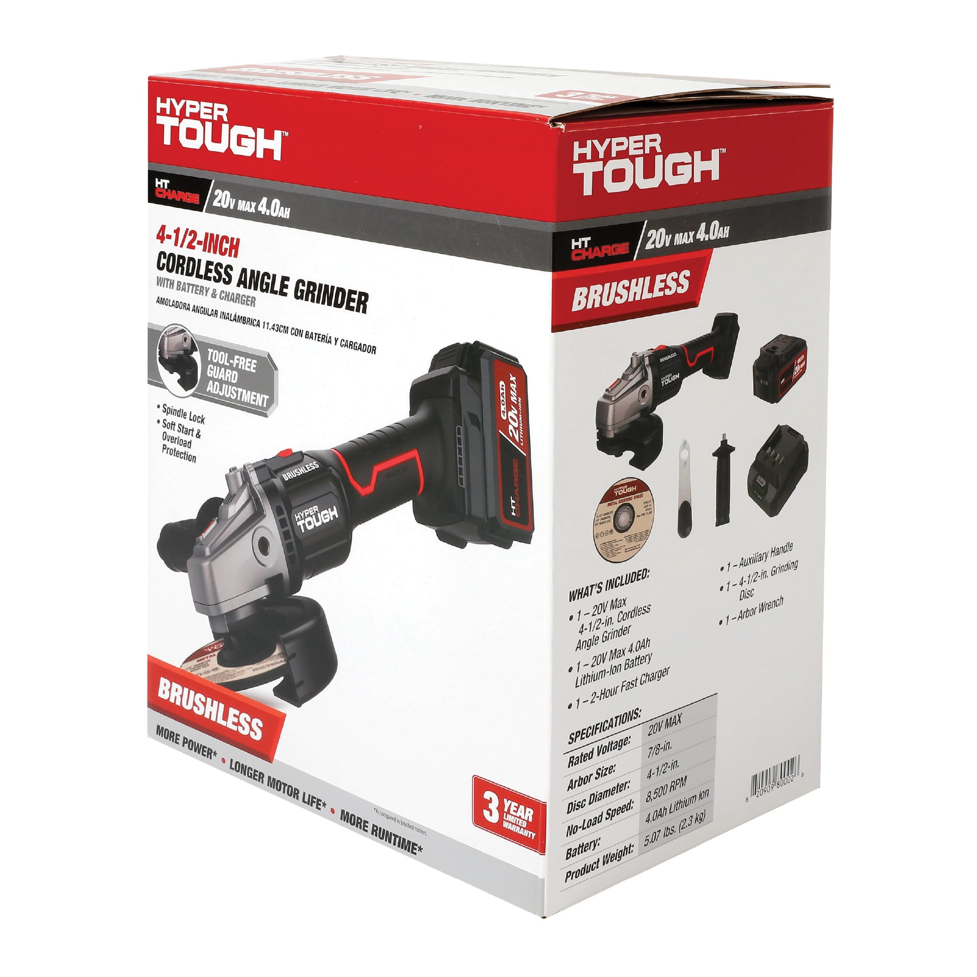Hyper Tough 20V Max Brushless Cordless Angle Grinder with 4.0Ah Battery and Charger (4.5 in) izxdx