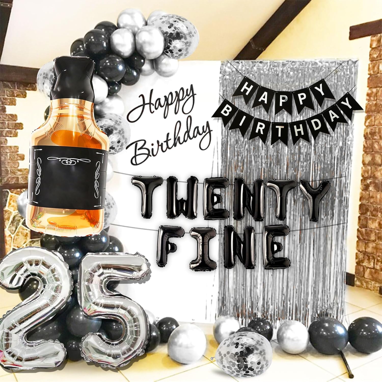 Roaring Good Time 25th Birthday Party Decoration Set, Luxury Black, Silver and Gold Foil Balloons with Rain Curtain (1 Set) ghtwp