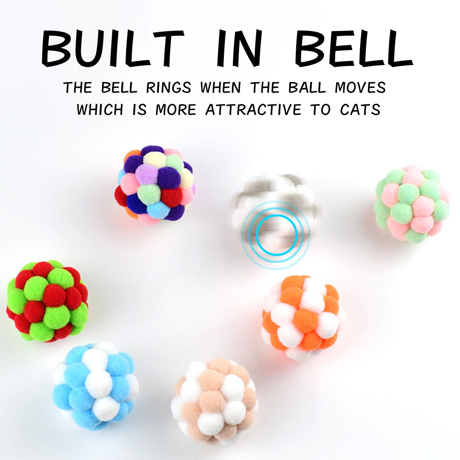 HUJTYs Interactive Cat Toy Balls with Bell, Soft Fuzzy Plush Chasing Toys for Indoor Cats and Kittens (Multi-color, 1.5 in) vbws1