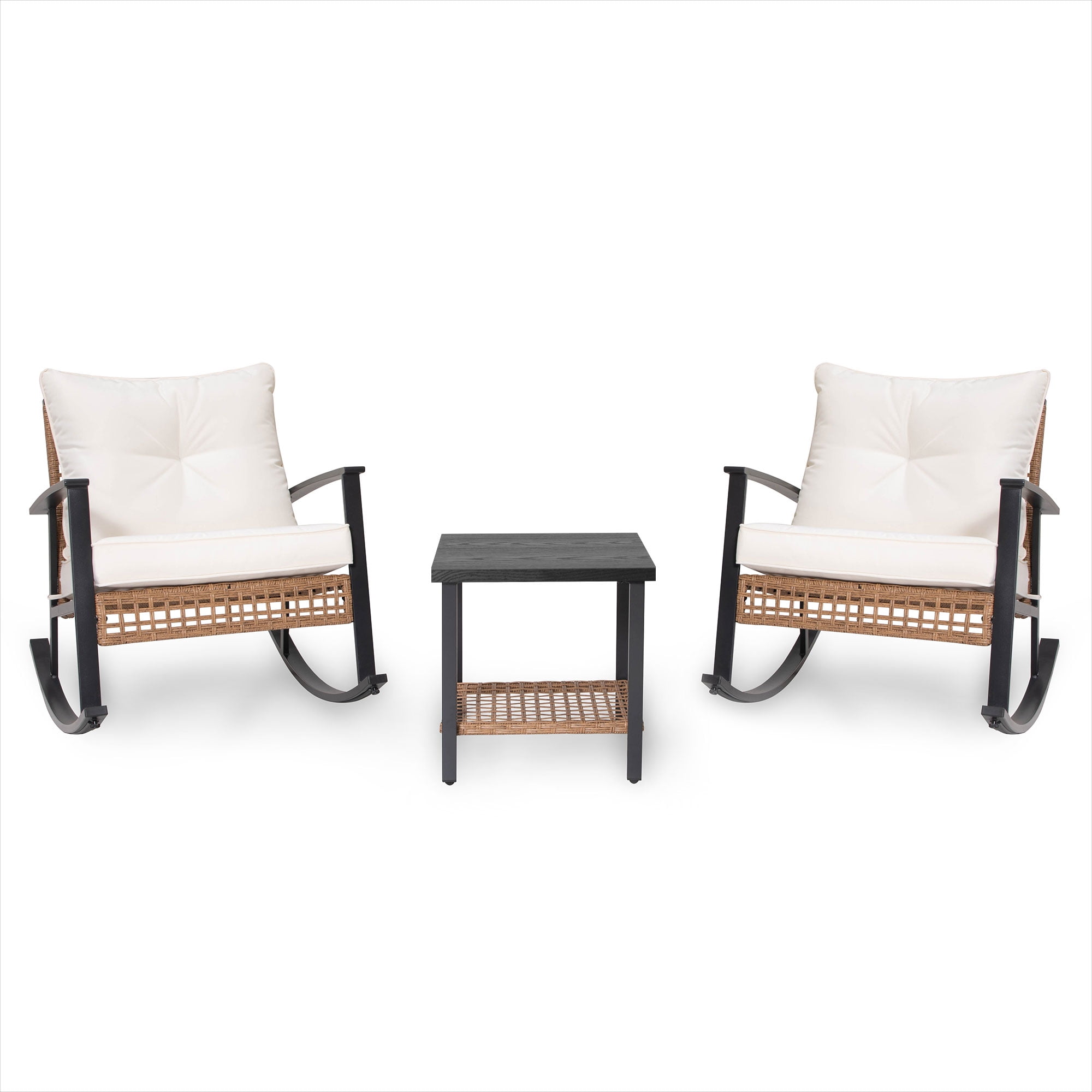 KamerOut 3-Piece Patio Conversation Set, All-Weather PE Wicker Rocking Chairs with Coffee Table (Beige, 3-Piece Set) hh2ab