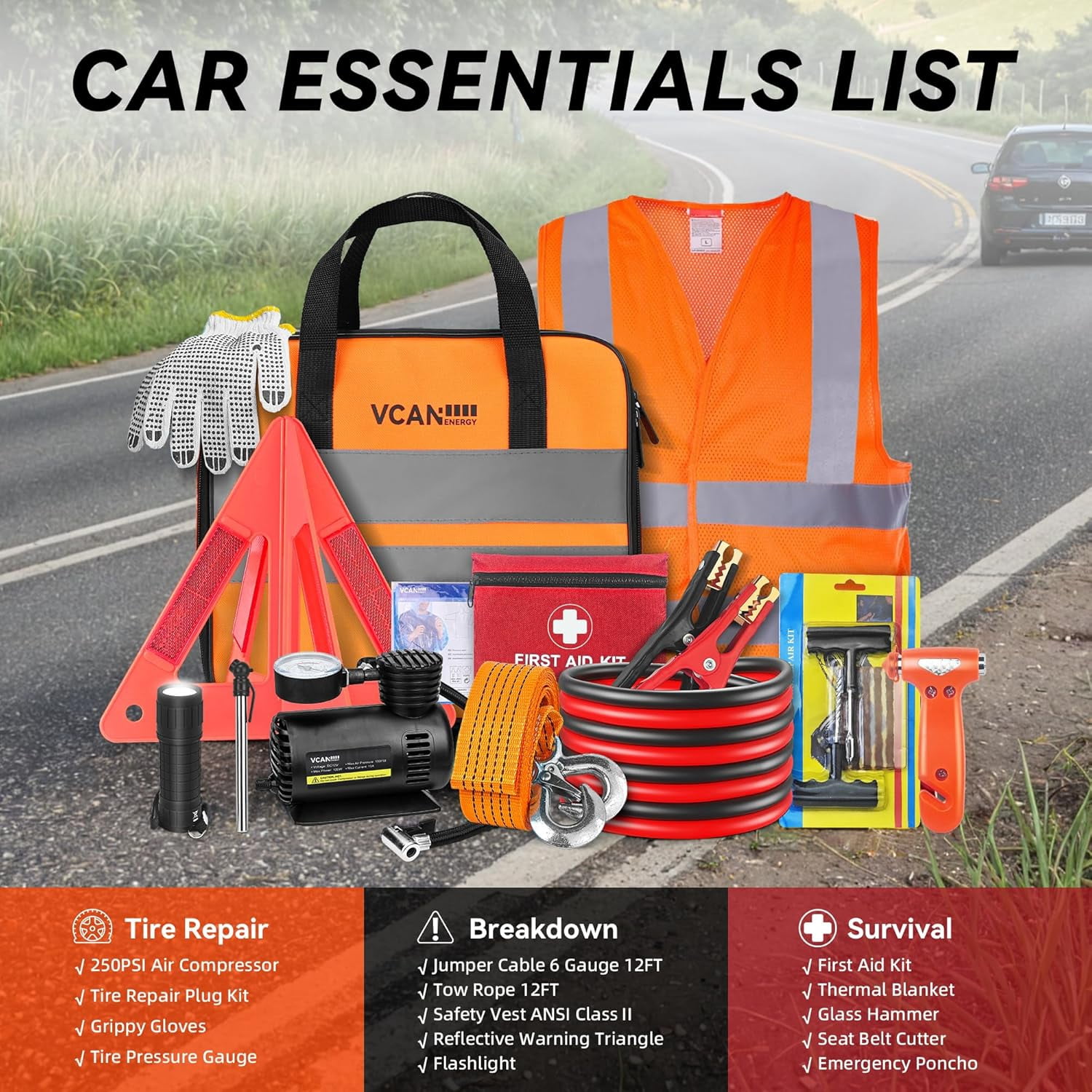 VCANENERGY 43-Piece Car Emergency Safety Kit with Portable Air Compressor and Jumper Cables (Orange, 43-Piece Set) 19h1q