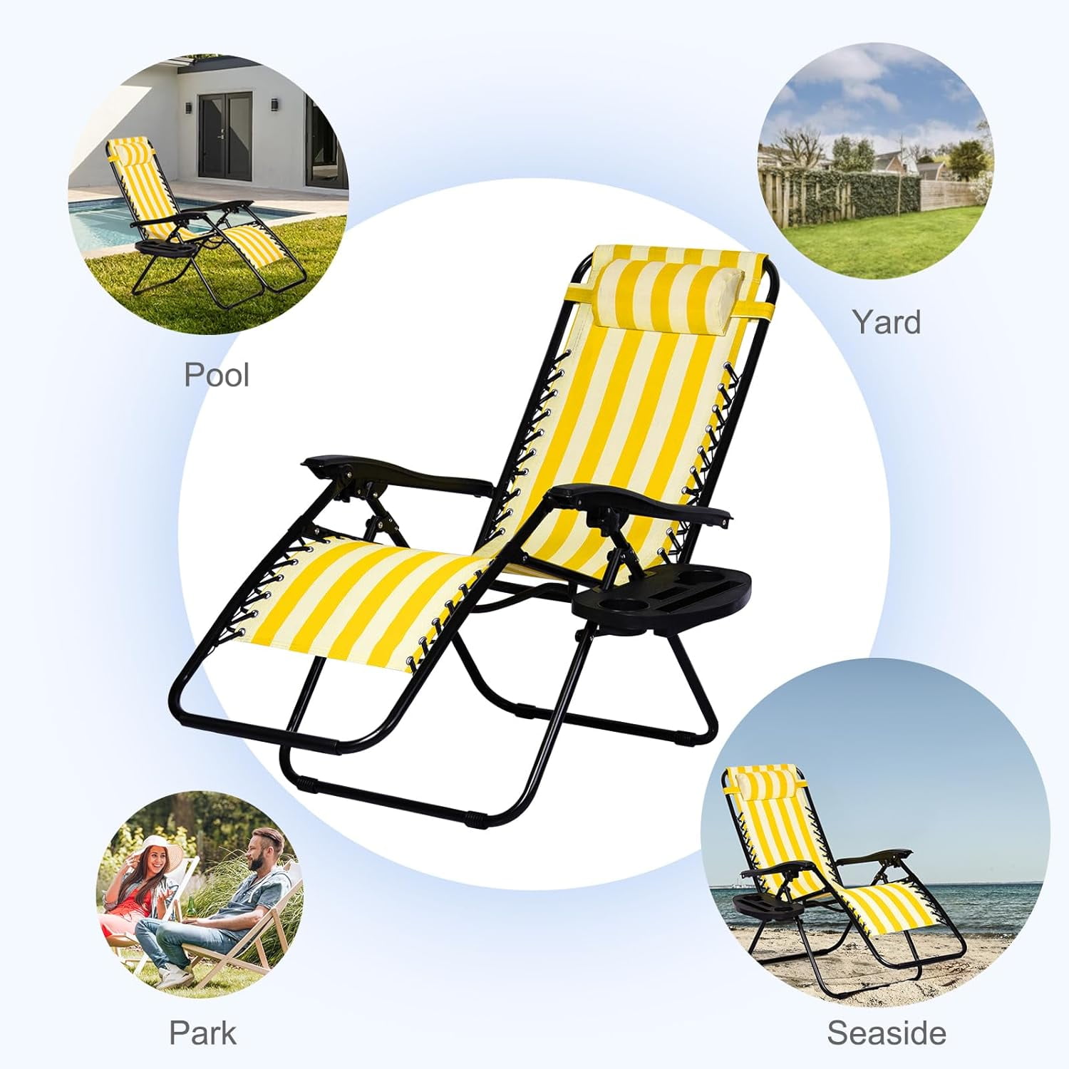 Nazhura Zero Gravity Reclining Patio Chairs with Cup Holder and Pillow (Yellow Stripe, Set of 2) 0gmtf