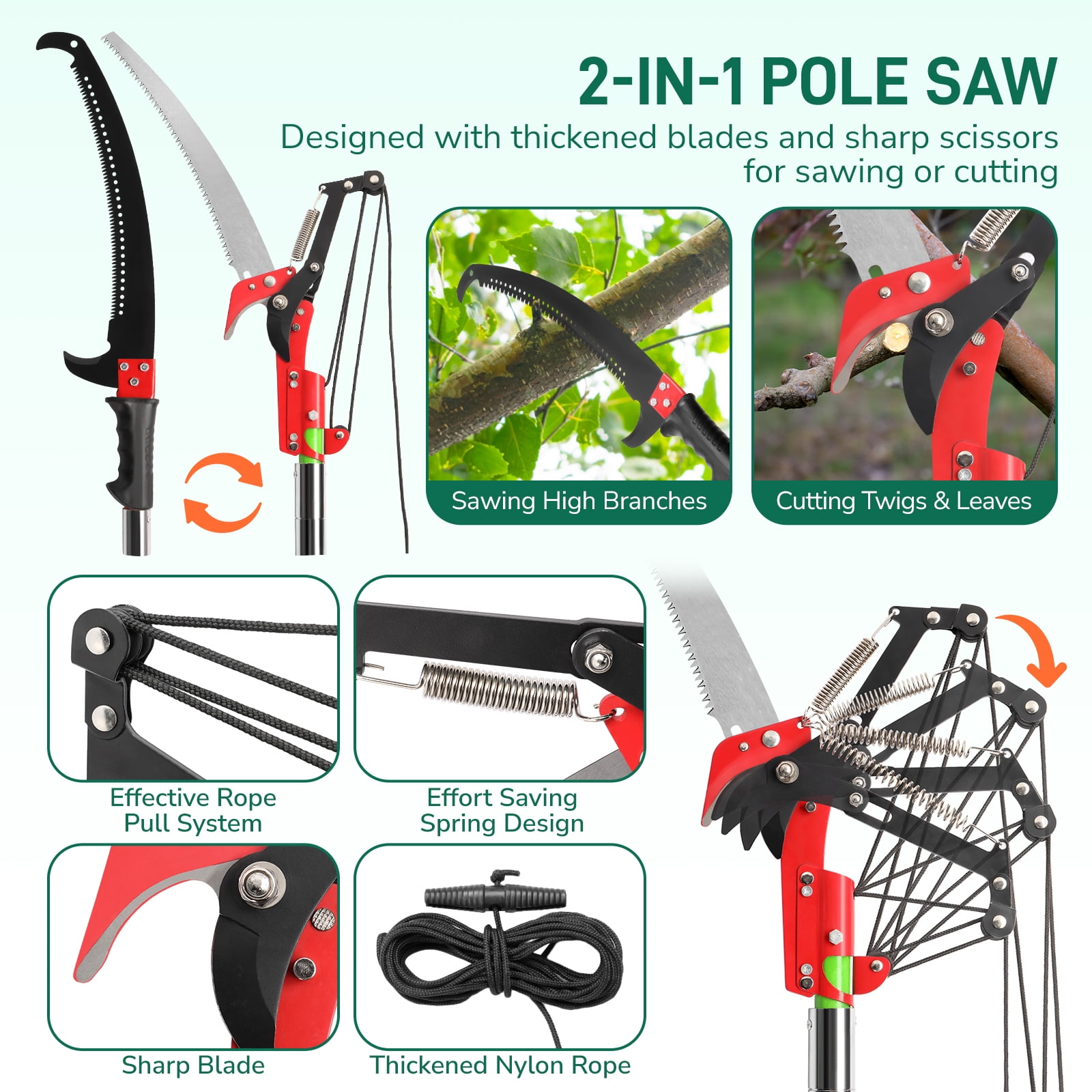 Zimtown Extendable Pole Saw for Tree Trimming (2-in-1 Manual Pruner, Green, 26 ft) 6vtw0