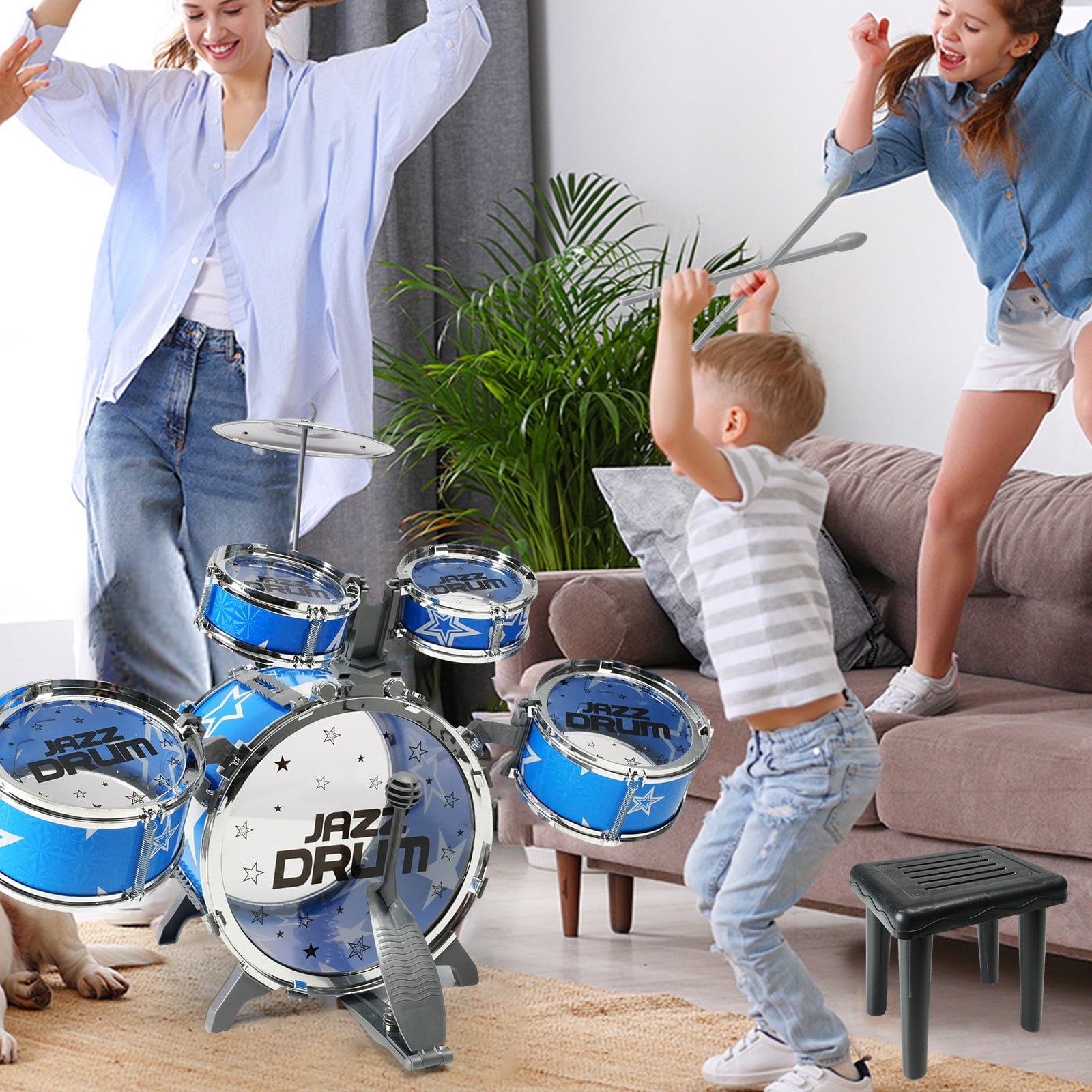 JBeeCtrl Kids Jazz Drum Set Musical Instrument with Chair and Pedal (Blue, 8-Piece Set) j4qzl