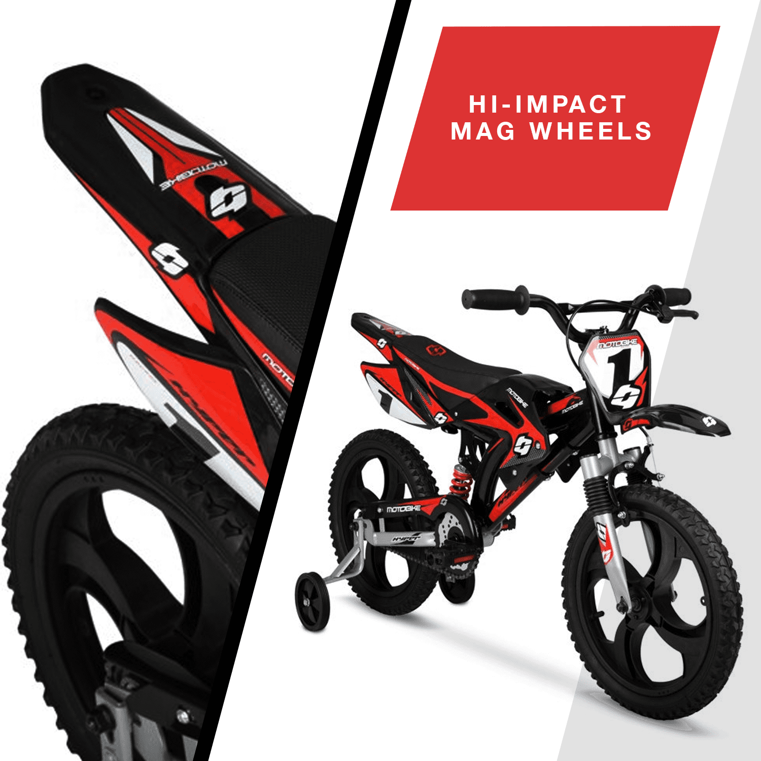 Hyper Bicycles 16 in Moto Bike for Kids, Durable Steel Frame with Training Wheels (Black/Red, 16 in) q75c1