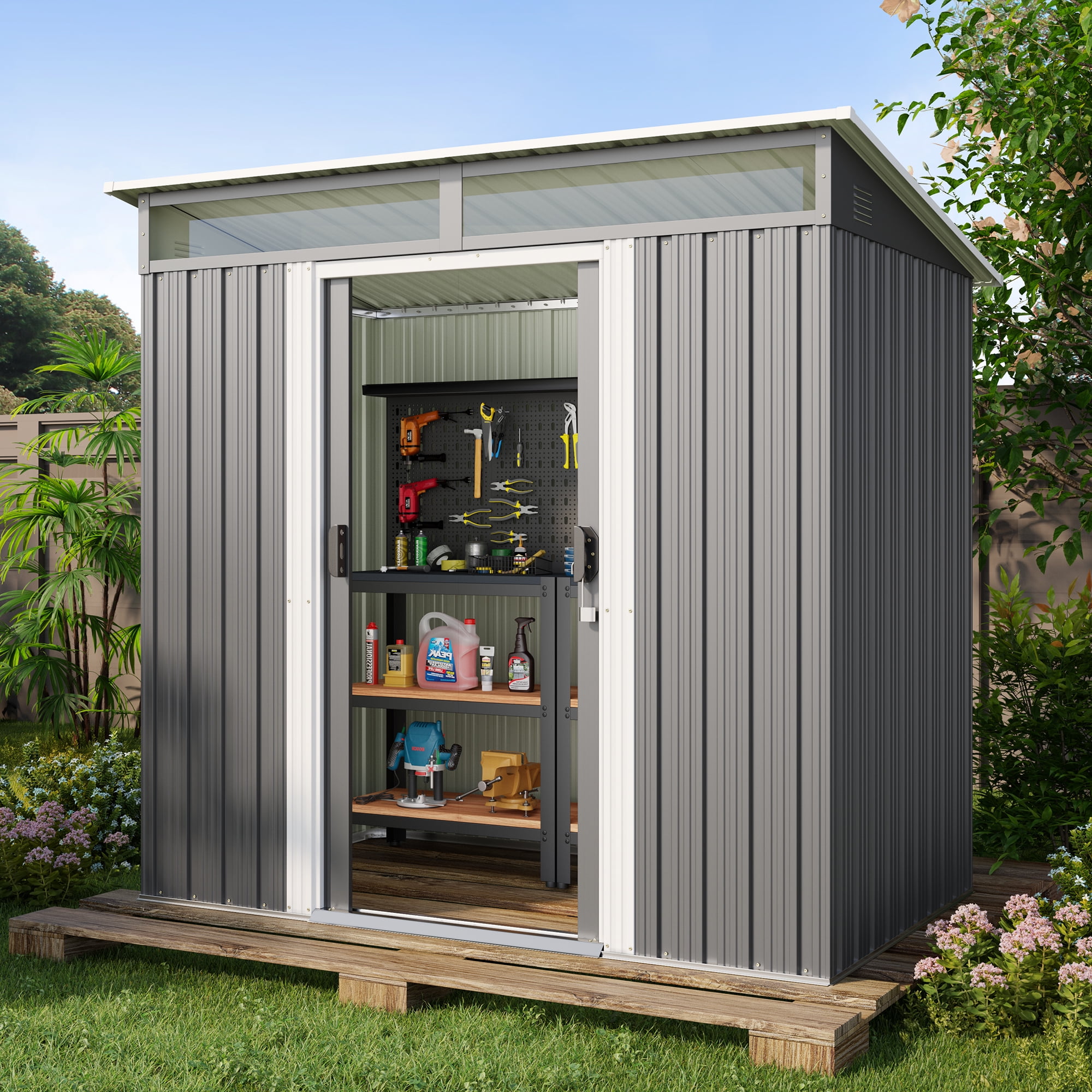 Aiho 6x4 ft Outdoor Storage Shed, Weather-Resistant Garden Tool House with Sliding Doors (Gray, 42.9 in x 76.8 in x 77.2 in) mhtc2