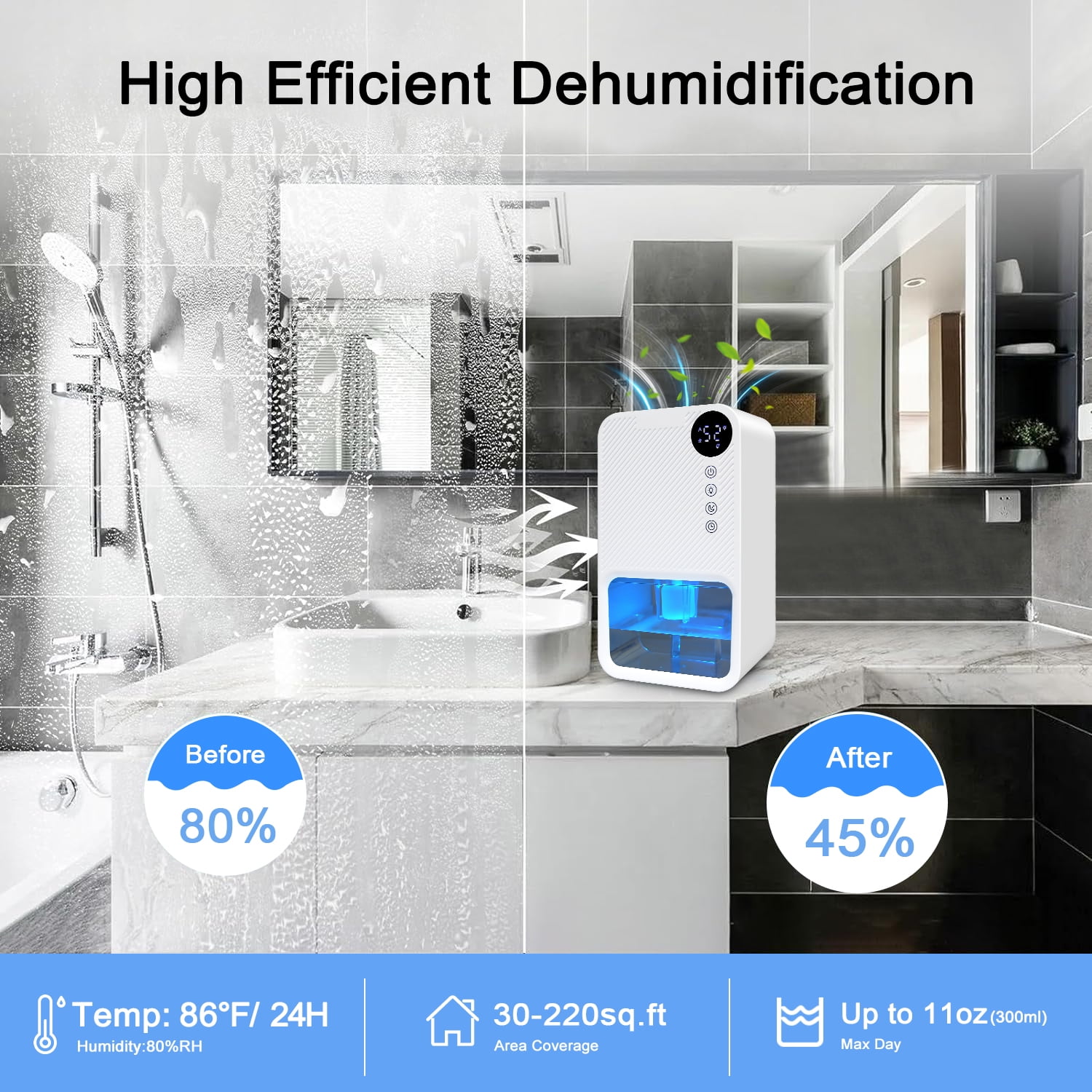 Zacenei Portable Dehumidifier for Home, Quiet Small Room Air Dryer with Auto Shut-Off & 7-Color LED (White) 3vbij