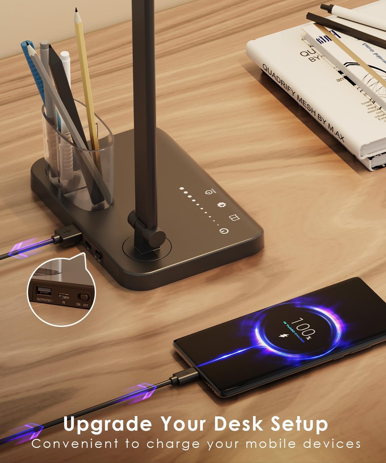 Hyper-Tech LED Desk Lamp with USB Charging Port, Eye-Caring Dimmable Table Light, 5 Color Modes, Foldable Design (White, 15 in) 4mftz