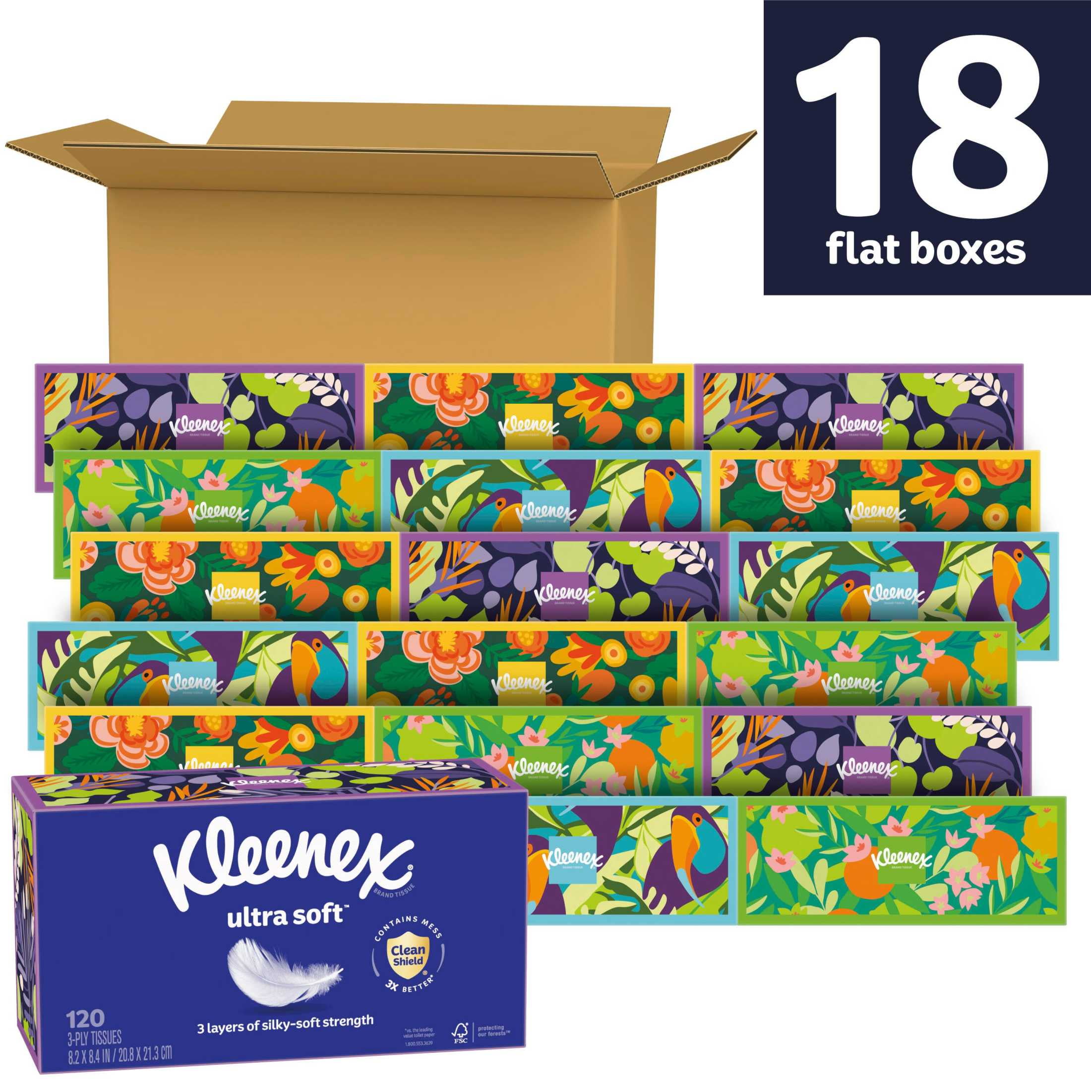 Kleenex Ultra Soft Facial Tissues, 3-Ply Premium Absorbent Tissues (White, 18 Flat Boxes, 2,160 Total Tissues) jhard