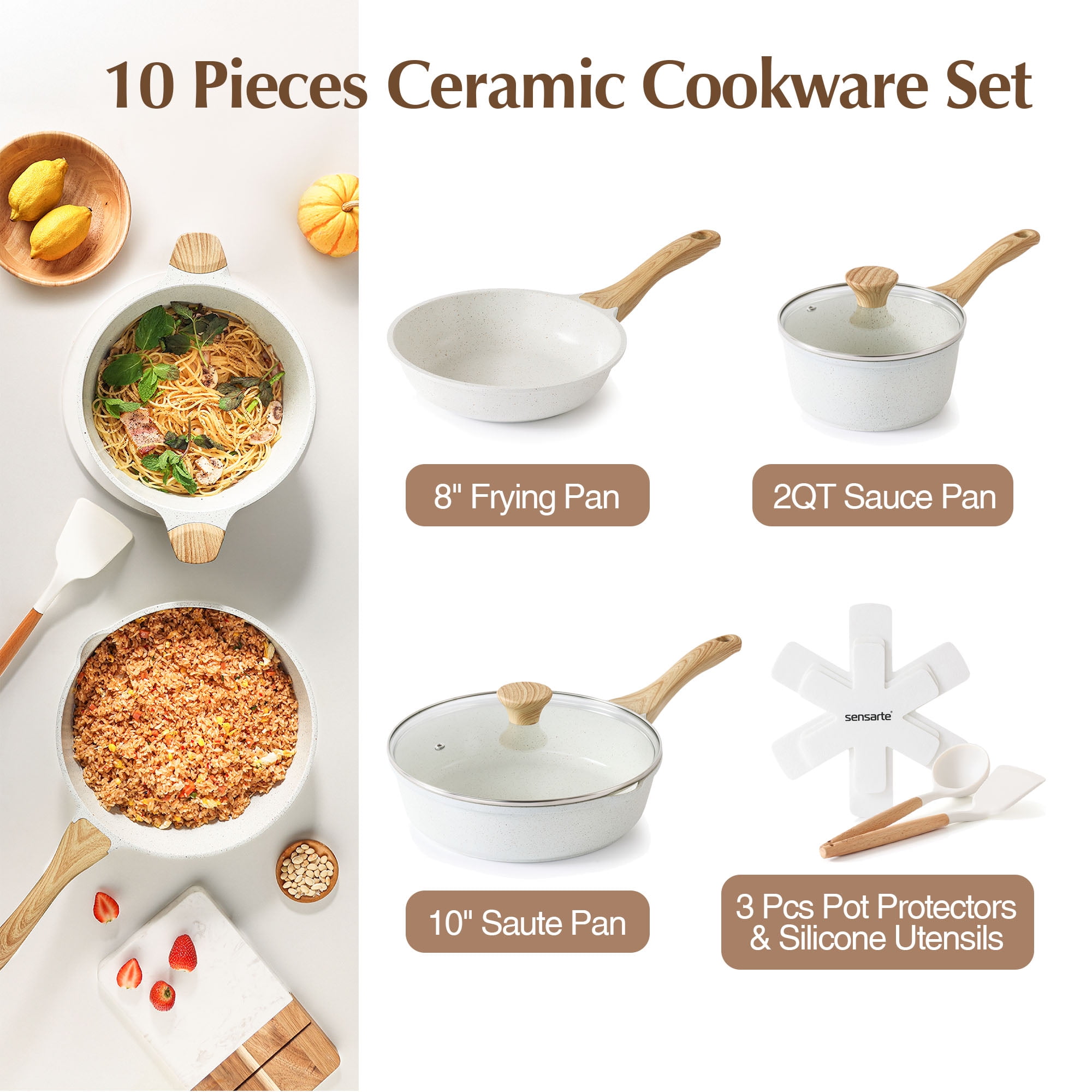 Sensarte 10-Piece Ceramic Nonstick Cookware Set, Induction Compatible Kitchen Pots and Pans with Stay-Cool Handles (White, 10-Piece) 2stxq