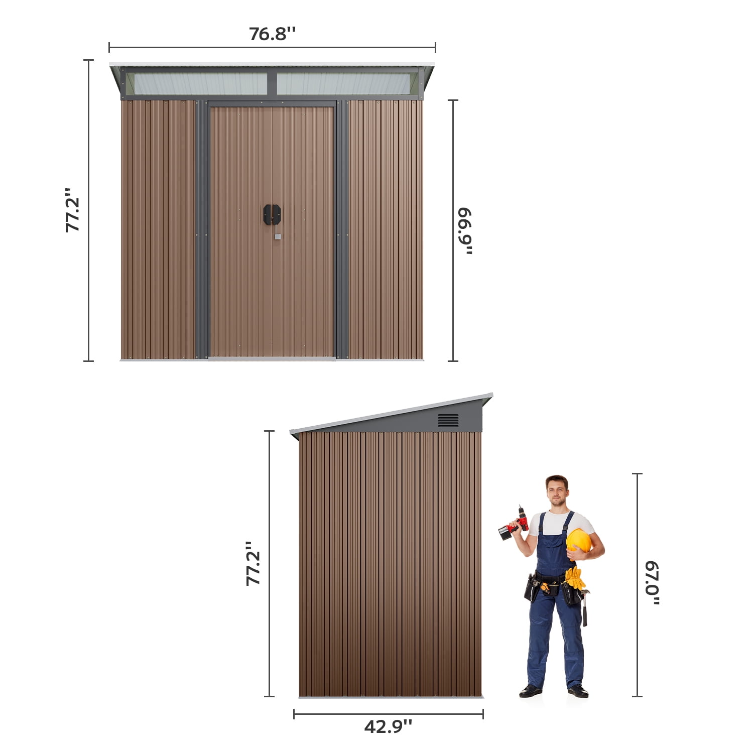 Asofer Lockable Metal Tool Shed, Outdoor Storage Cabinet with Double Doors and Light Window (Brown, 76.8 in x 42.9 in x 77.2 in) h7x2o