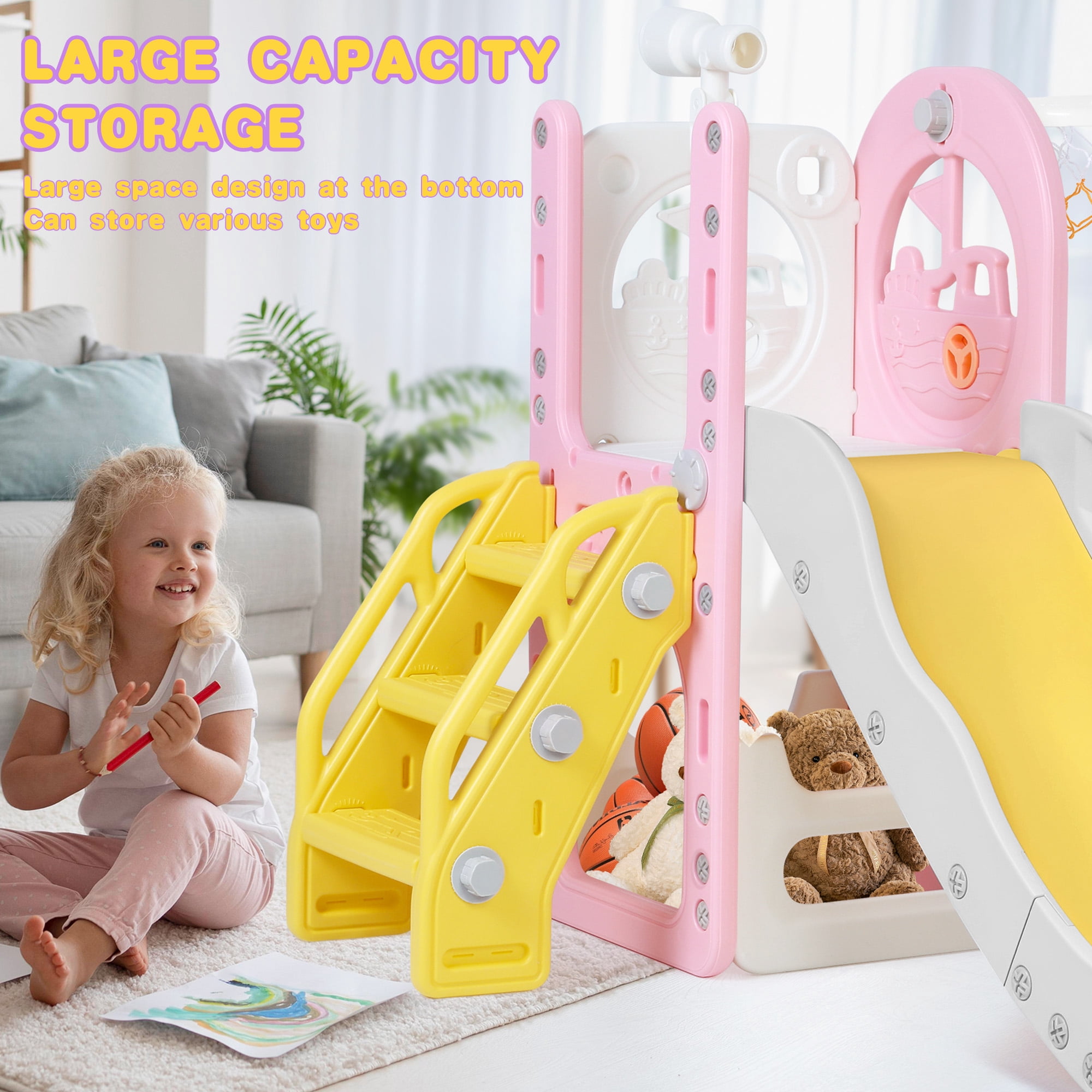 Zimeng 6-in-1 Toddler Slide and Climber Playset, Indoor Outdoor Activity Center with Basketball Hoop and Storage (Pink, 59 in x 27 in x 33 in) tmhu2