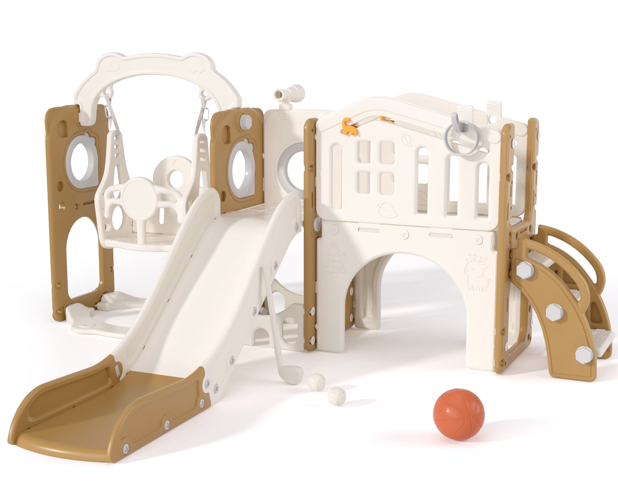 XJD 11-in-1 Toddler Slide and Swing Set, Indoor Outdoor Playground Playset with Basketball Hoop and Climbing Zone (Coffee, 1 Unit) hvqr9