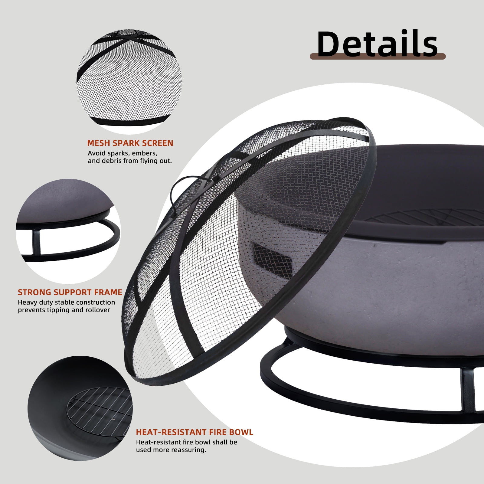 Afterglow Round Terrafab Wood Burning Fire Pit with Spark Screen and Poker (Light Gray, 31.89 in x 31.89 in x 13.58 in) zsyrq