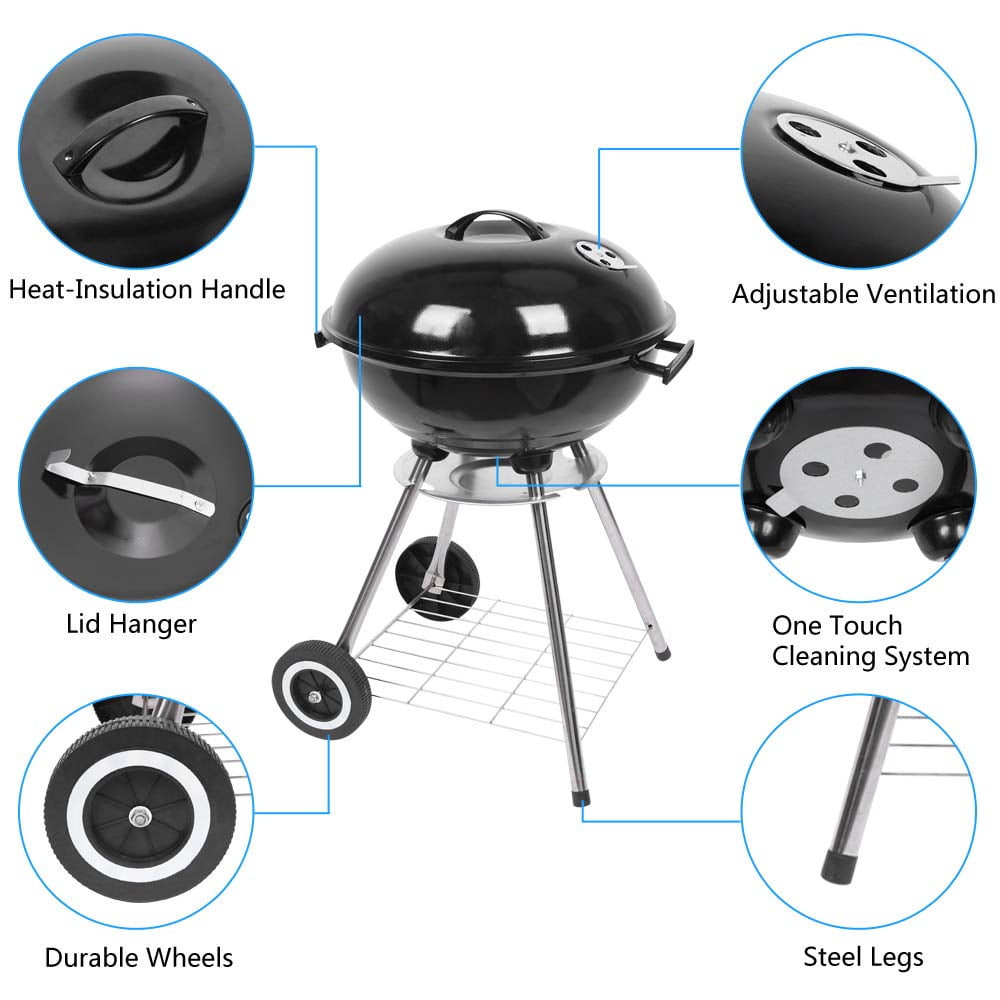 VINGLI 18 in Charcoal Kettle Grill, Outdoor BBQ Charcoal Stove for Backyard Cooking (Black, 18 in) mf8fr
