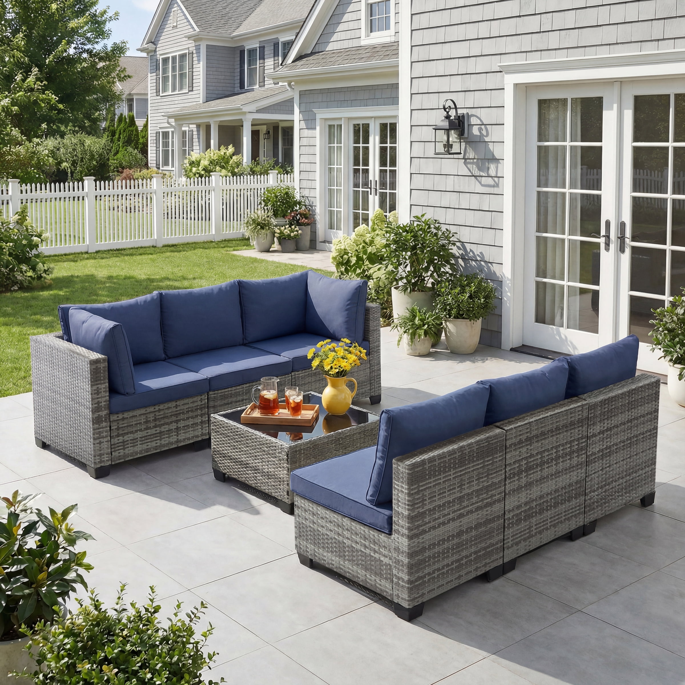 Ebello 7-Piece Modular Outdoor Patio Sectional Sofa Set with Glass Coffee Table (Navy Blue, 7-Piece) 69jwu