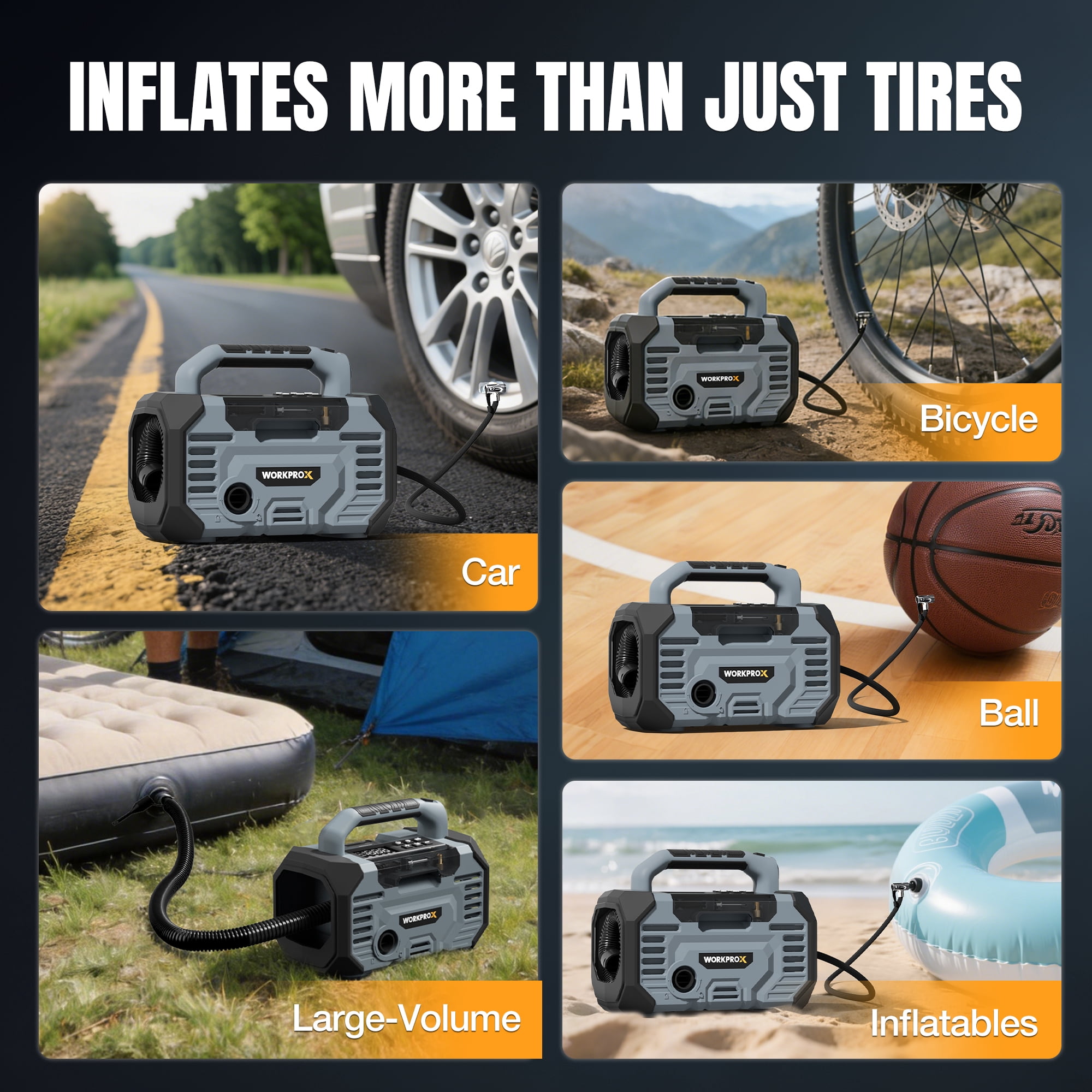 WORKPROX Portable Tire Inflator Air Compressor (150 PSI, 20V Battery & 12V DC Power, Grey, 1 Pack) 3esrz