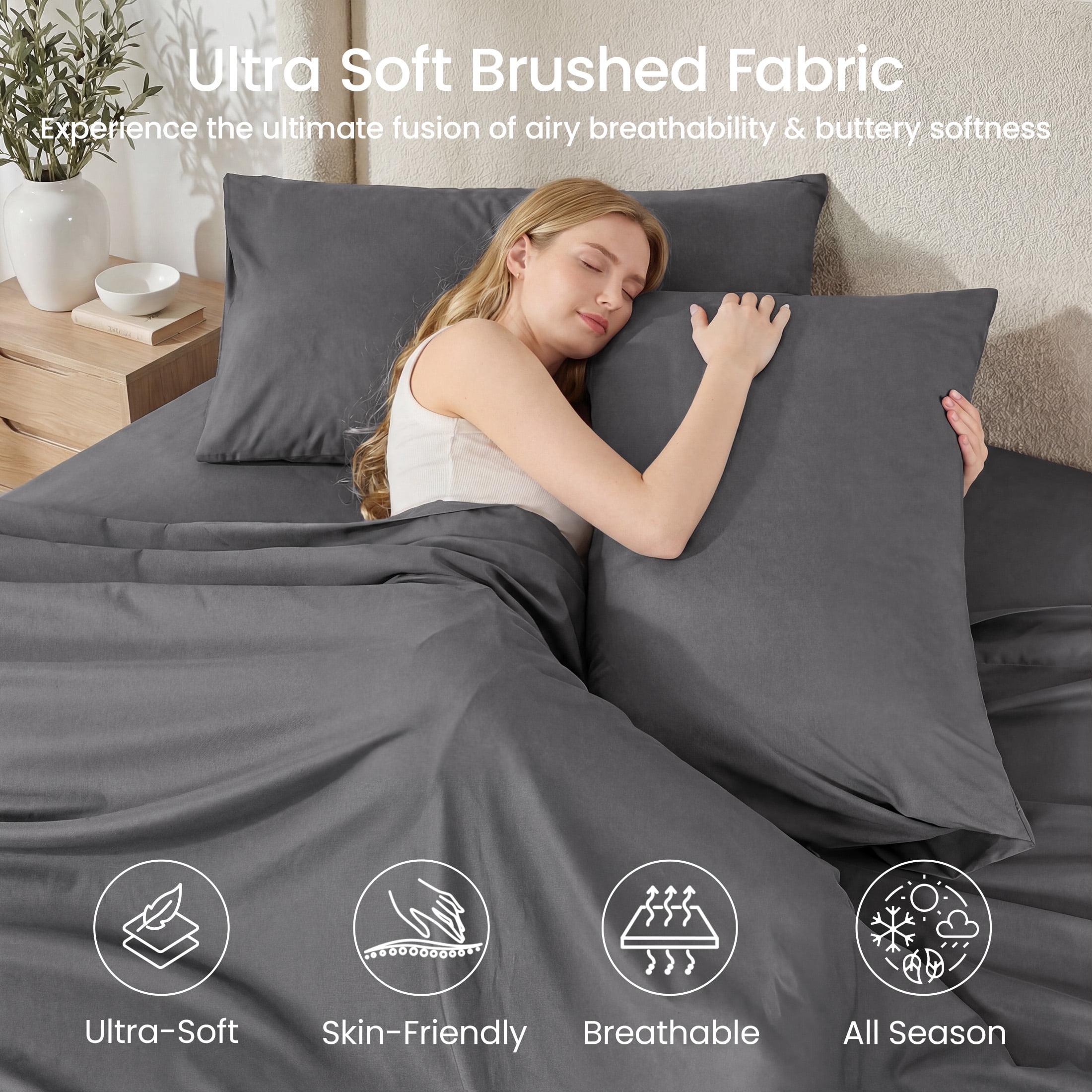 SASTTIE Queen Sheet Set Brushed Microfiber 4-Piece Bedding with 16-inch Deep Pocket (Grey, Queen) an6gy