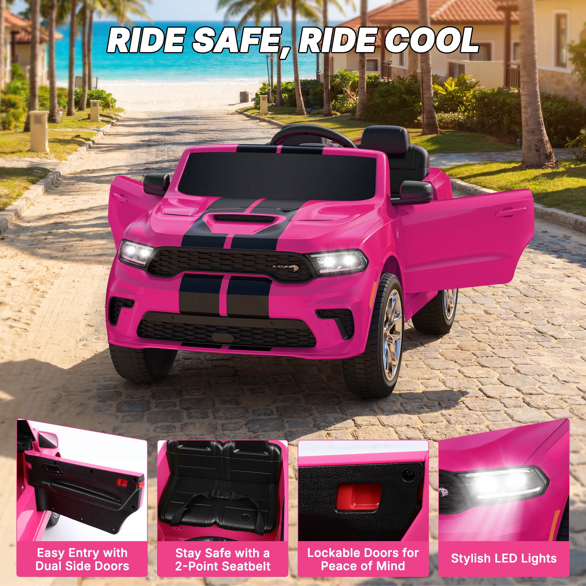 Wisairt Dodge Durango Kids Electric Ride-On Car, 12V Licensed Motorized SUV with Parent Remote Control, LED Lights & Music (Pink, 17 in Seat) i9tmh