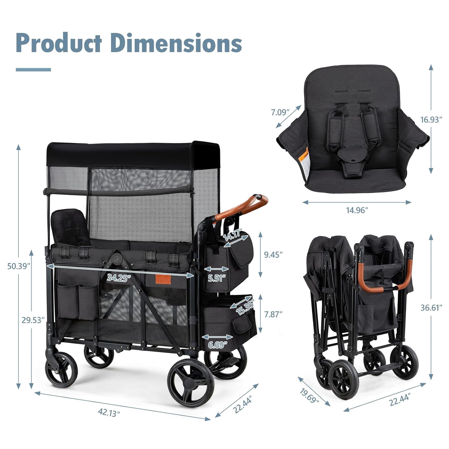 UBesGoo Foldable Wagon Stroller for 2 Kids, All-Terrain Push Wagon with Removable Canopy and Adjustable Handlebar (Black, 200 lb Capacity) tir3b