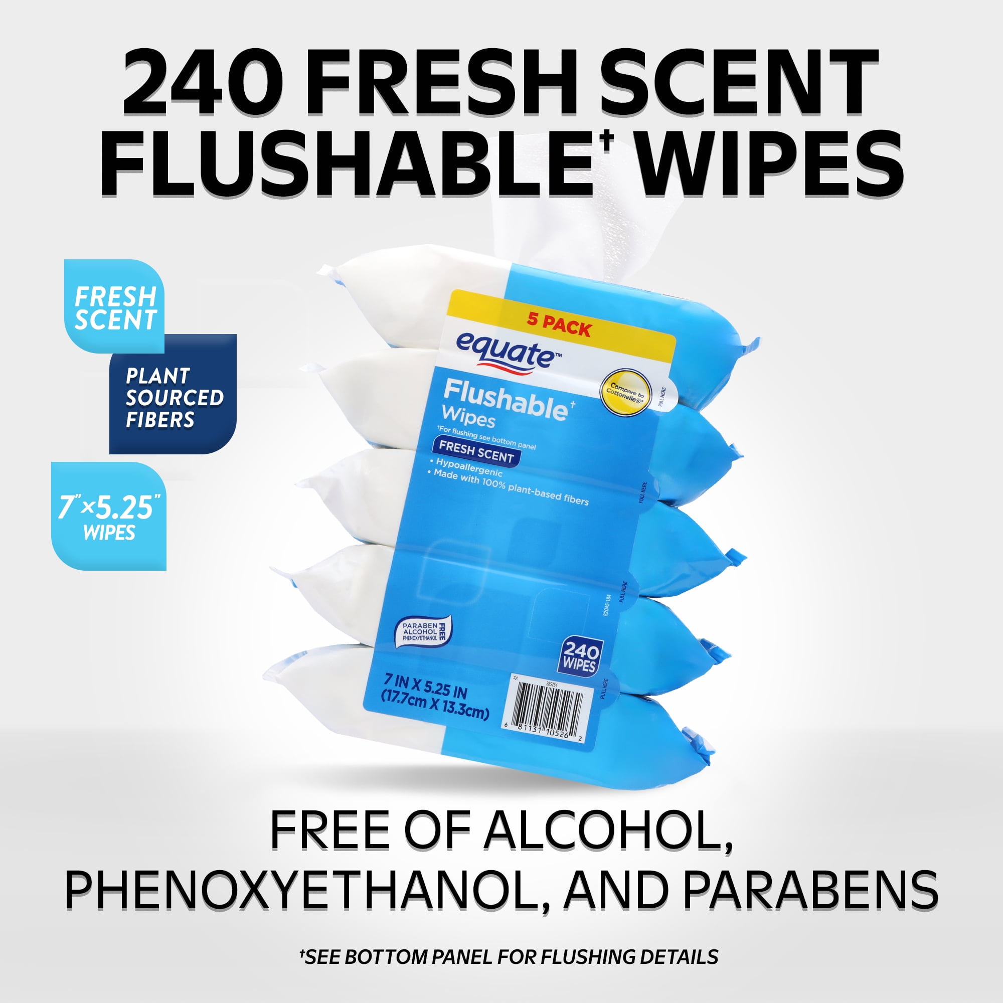 Equate Flushable Wet Wipes, Hypoallergenic Fresh Scent Cleansing Cloths (5 Pack, 240 Wipes Total) b6yvi