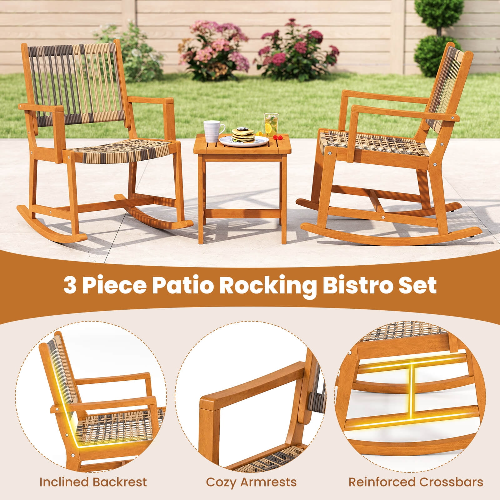 Costway 3 Piece Patio Rocking Bistro Set with Rattan Chairs and Square Side Table (Brown, 3 Piece Set) z81pt