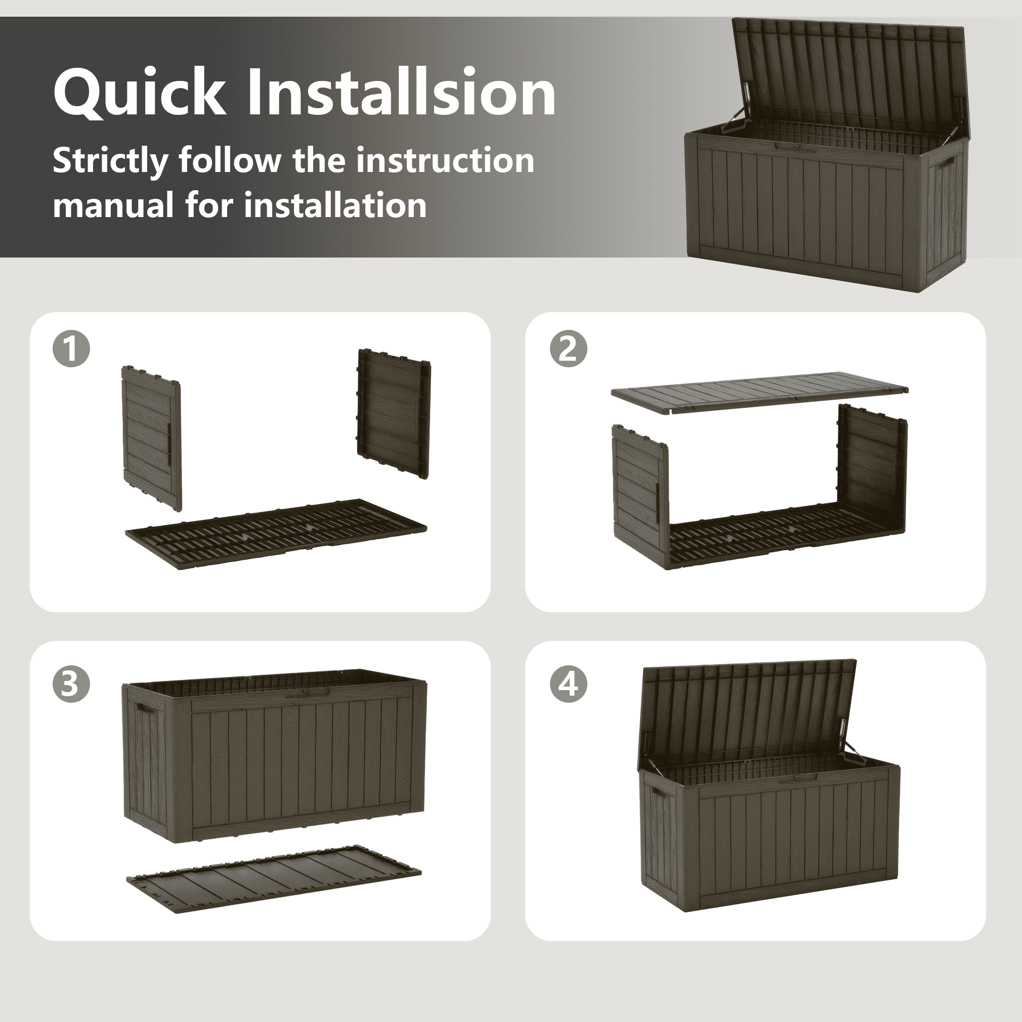 Bifanuo 100 Gallon Resin Deck Box, Waterproof Outdoor Storage Container for Patio Furniture Cushions (Grey, 47 in x 21 in x 24 in) shpa0