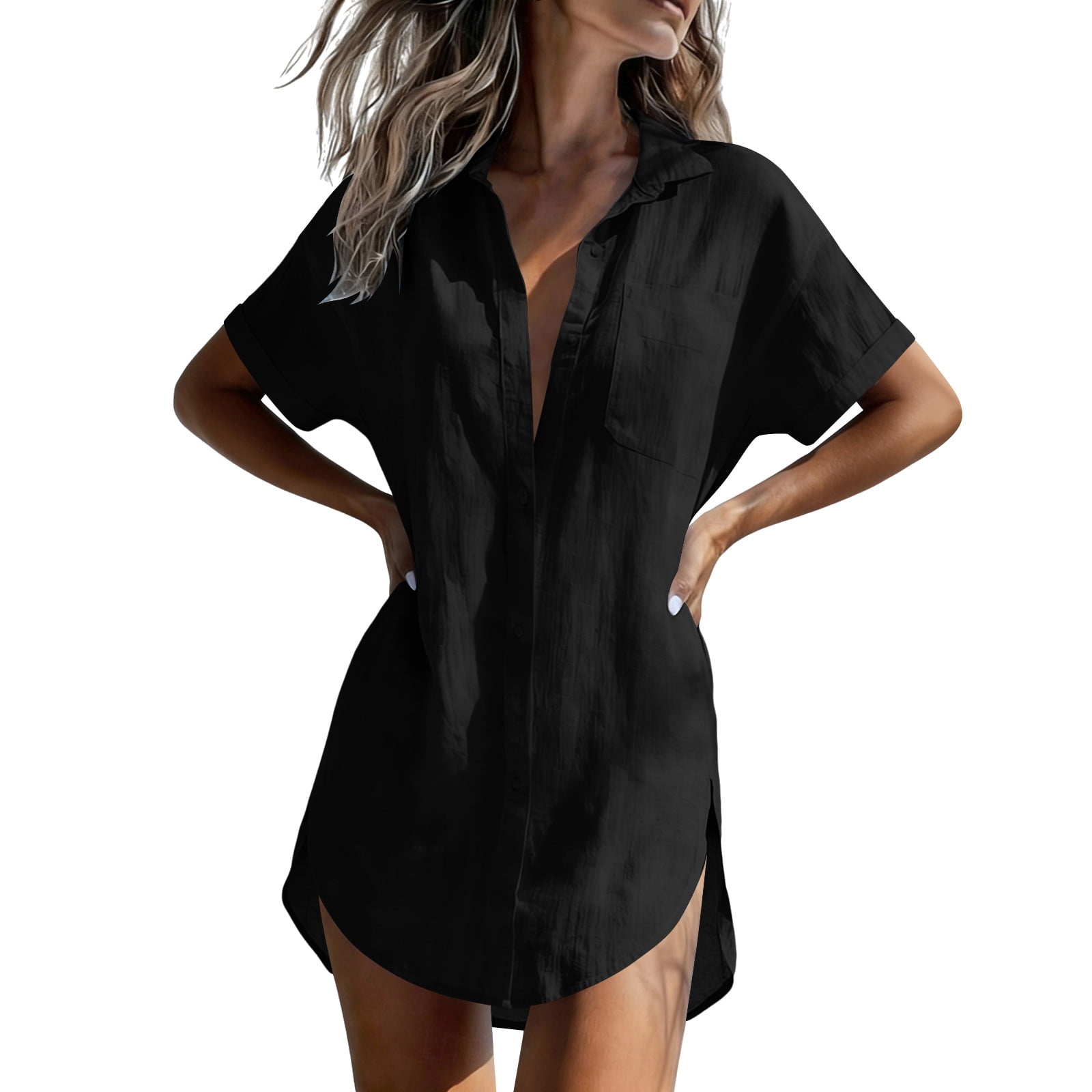 DEUUZHENQI Women's Cotton Blend Button Down Shirt Dress Swimsuit Coverup (Black, One Size) 2llsm