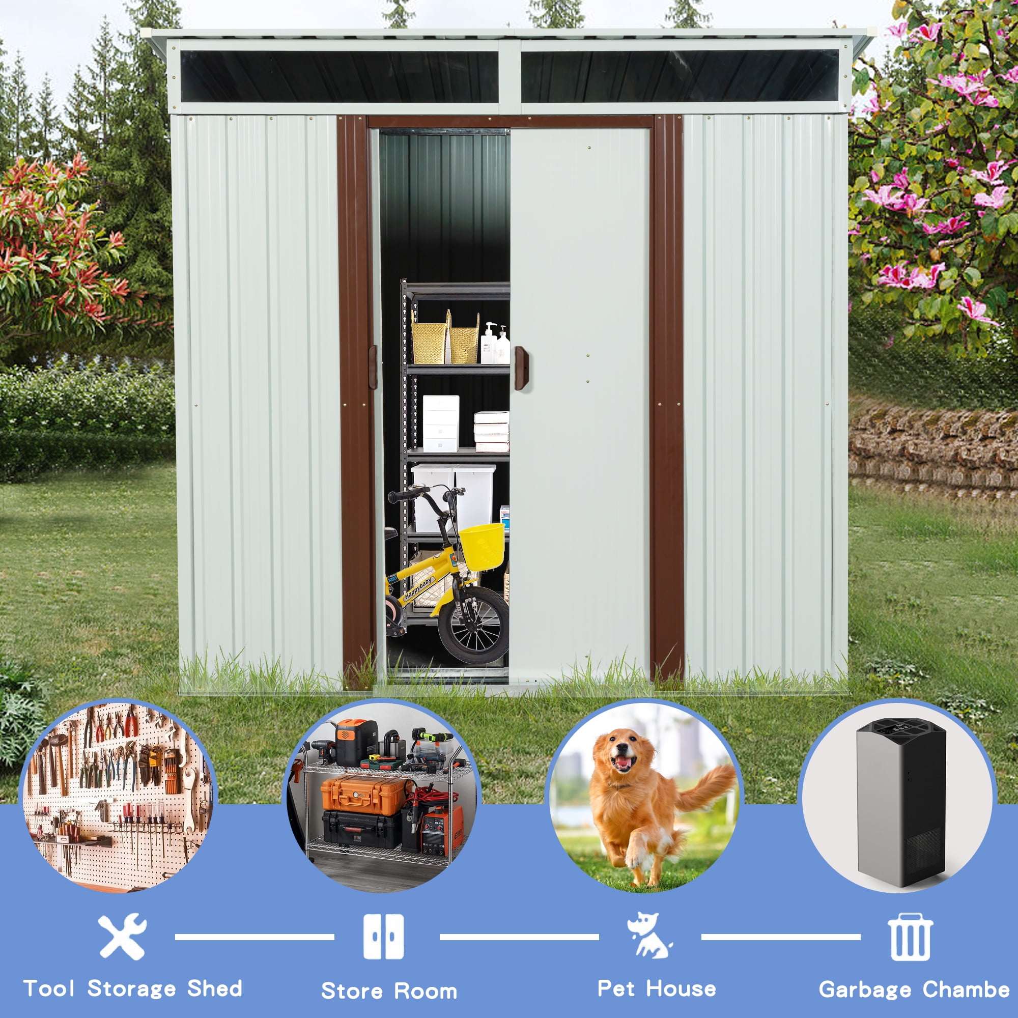 GUTALOR Outdoor Metal Storage Shed, Weather-Resistant Garden Tool House with Window and Sliding Door (White, 6 ft x 5 ft) 6xa73