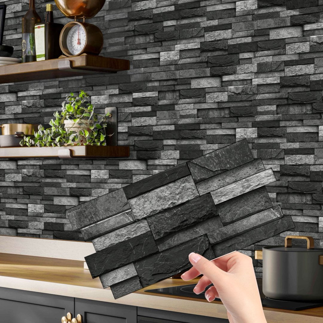 FUDAKUNA Self-Adhesive Wall Tile Stickers, Waterproof Peel and Stick Backsplash for Kitchen and Bathroom (Black Gray Stone Brick, 12 Pack, 4.72 in x 9.68 in) bmwbd