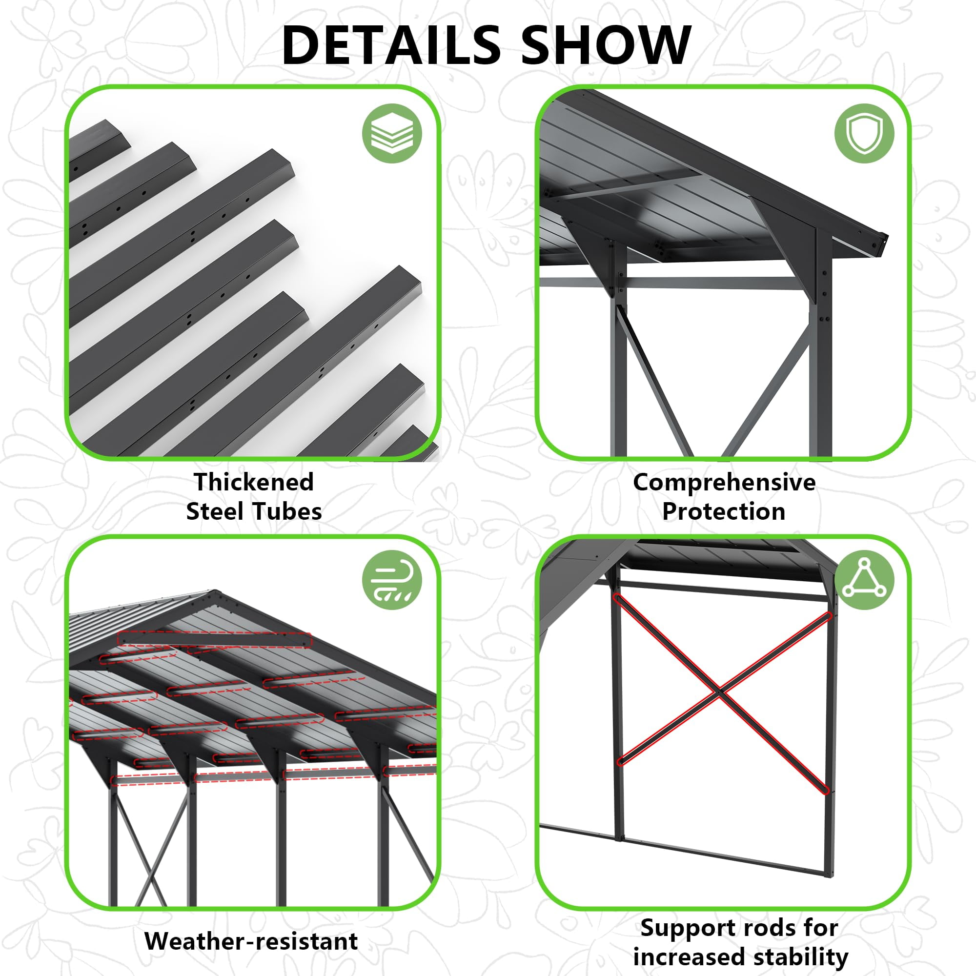 ALAULM Heavy-Duty Metal Carport Outdoor Garage Canopy with Galvanized Steel Roof (12 ft x 22 ft) 9c0s5