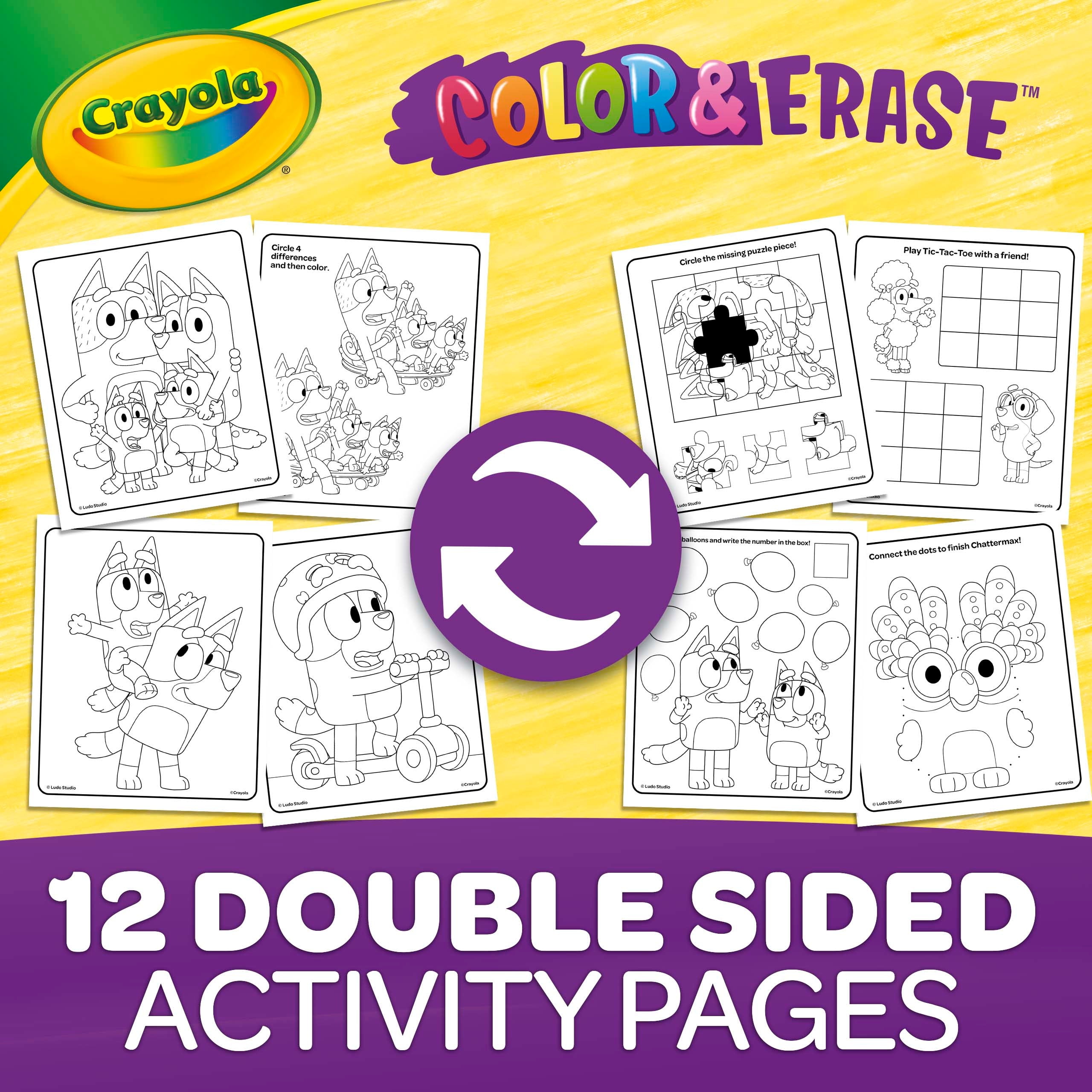 Crayola Bluey Color and Erase Reusable Activity Pad (Multicolor, 8 Pages with 3 Washable Markers) p5yzz