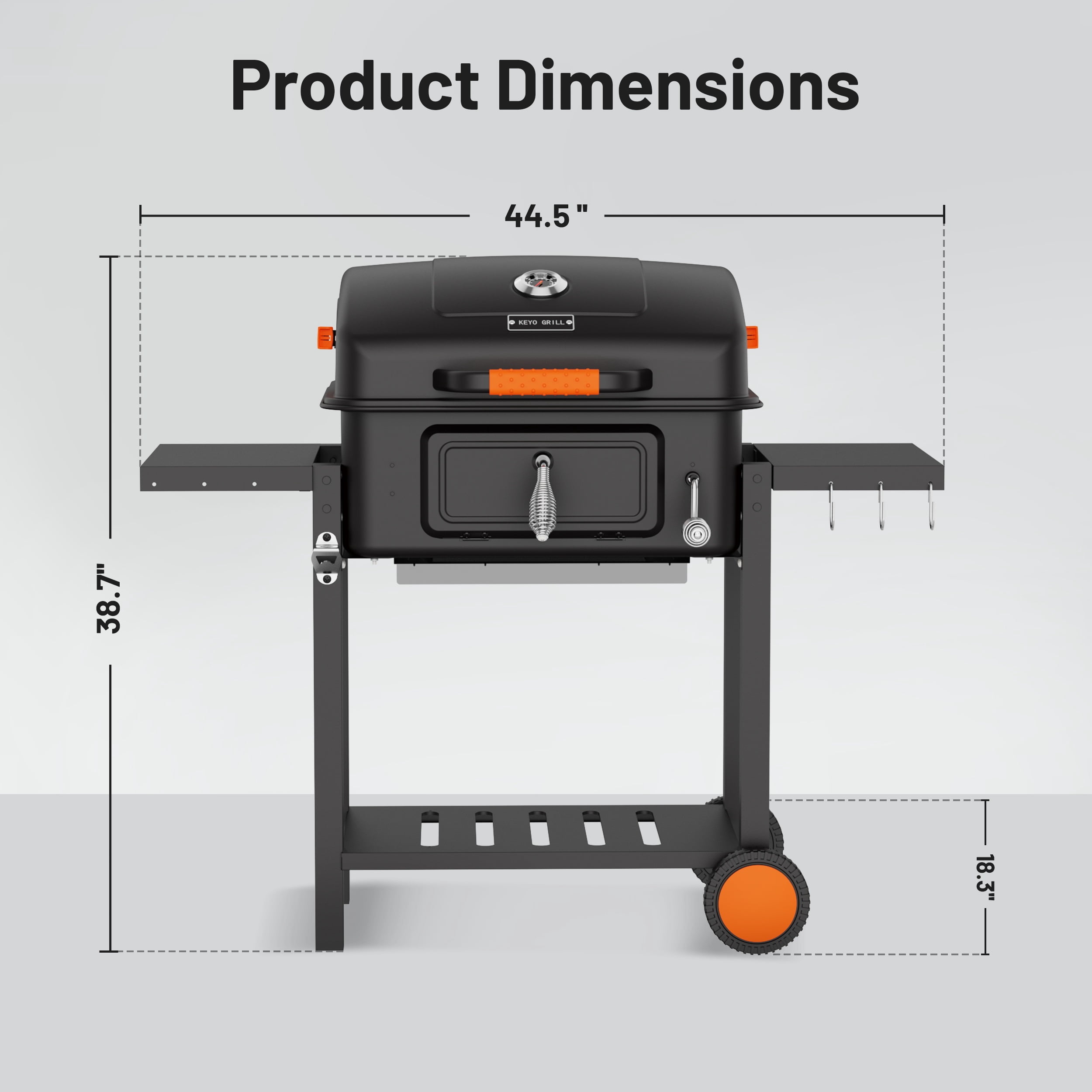 KEYO GRILL Large Charcoal Grill with Foldable Side Tables and Height-Adjustable Ash Pan (Black, 44.5 in x 36 in x 22 in) 4njvm