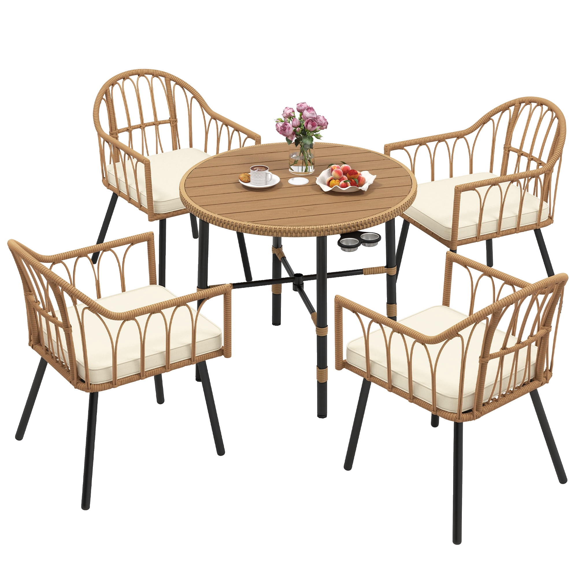 Uforic 5-Piece Outdoor Patio Dining Set, Rattan Wicker Chairs and Round Table with Umbrella Hole (Beige, 5-Piece Set) w85un