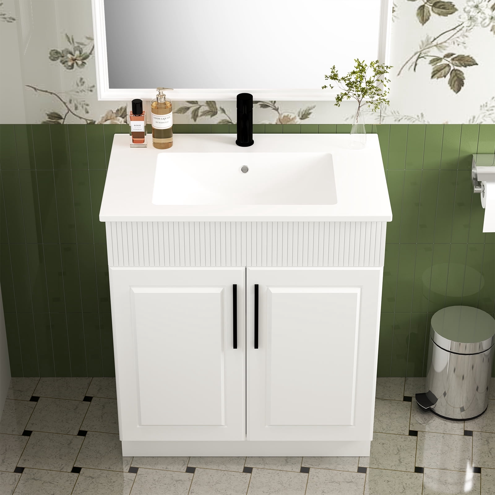 DodreHome 30 in Bathroom Vanity with Sink, Freestanding Modern Cabinet with 2 Soft-Closing Doors, Wave-Pattern Fluted Design (White) v4us6