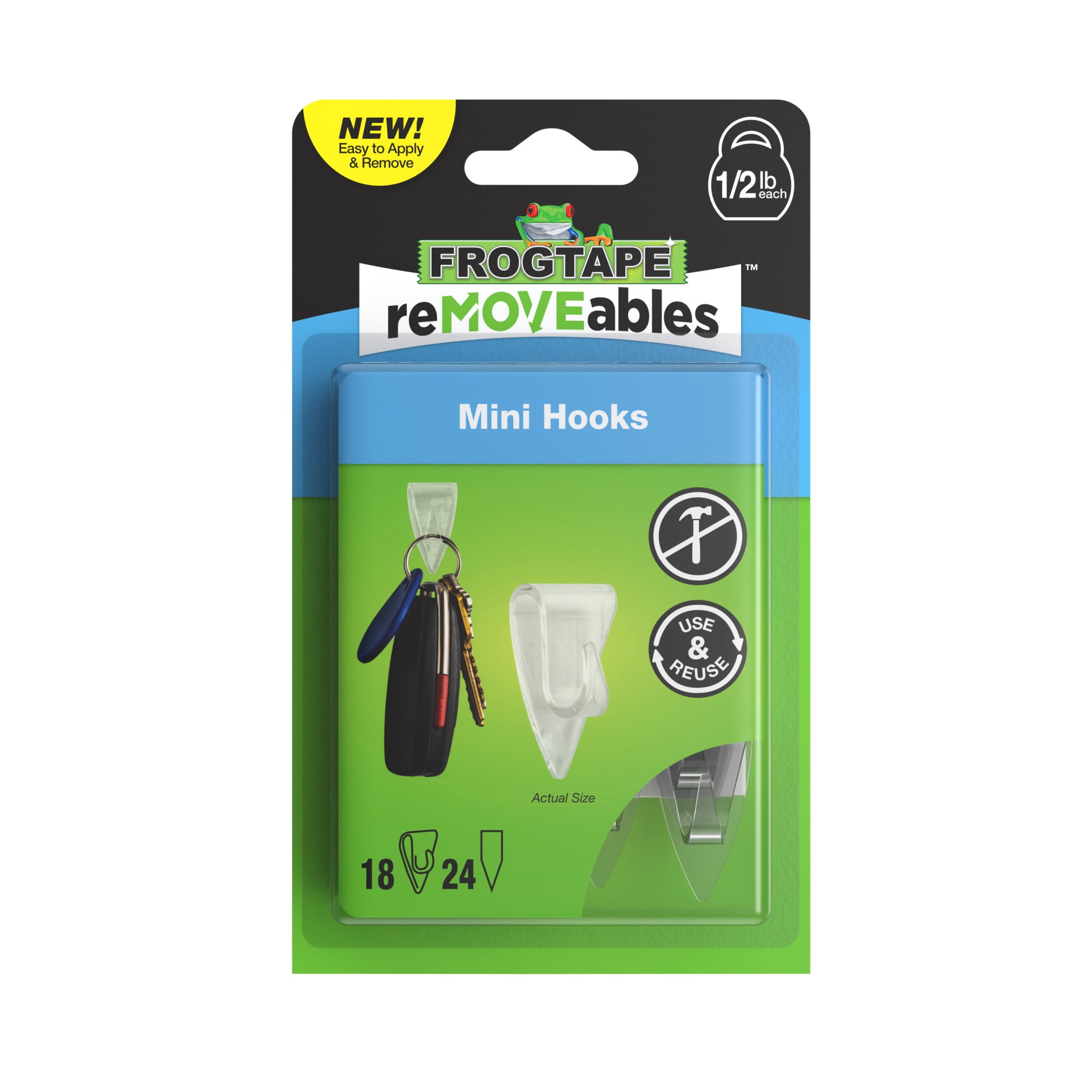 FrogTape reMOVEables Clear Mini Hooks (Clear, 18 Hooks and 24 Adhesive Strips) dw6ke