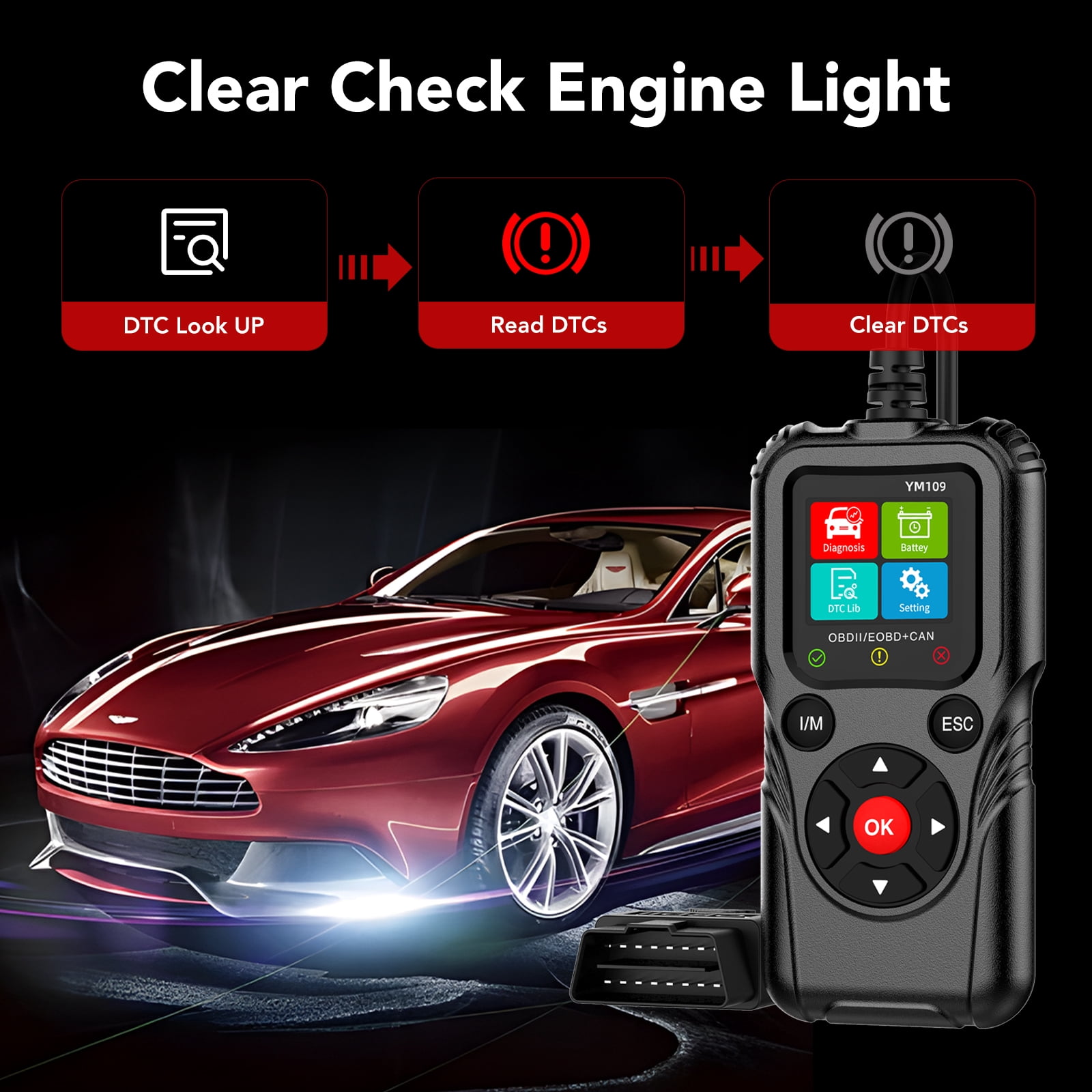 KT1 OBD2 Scanner Car Code Reader Diagnostic Tool for Check Engine Light (Black, 2.8 in Display) k5zb7
