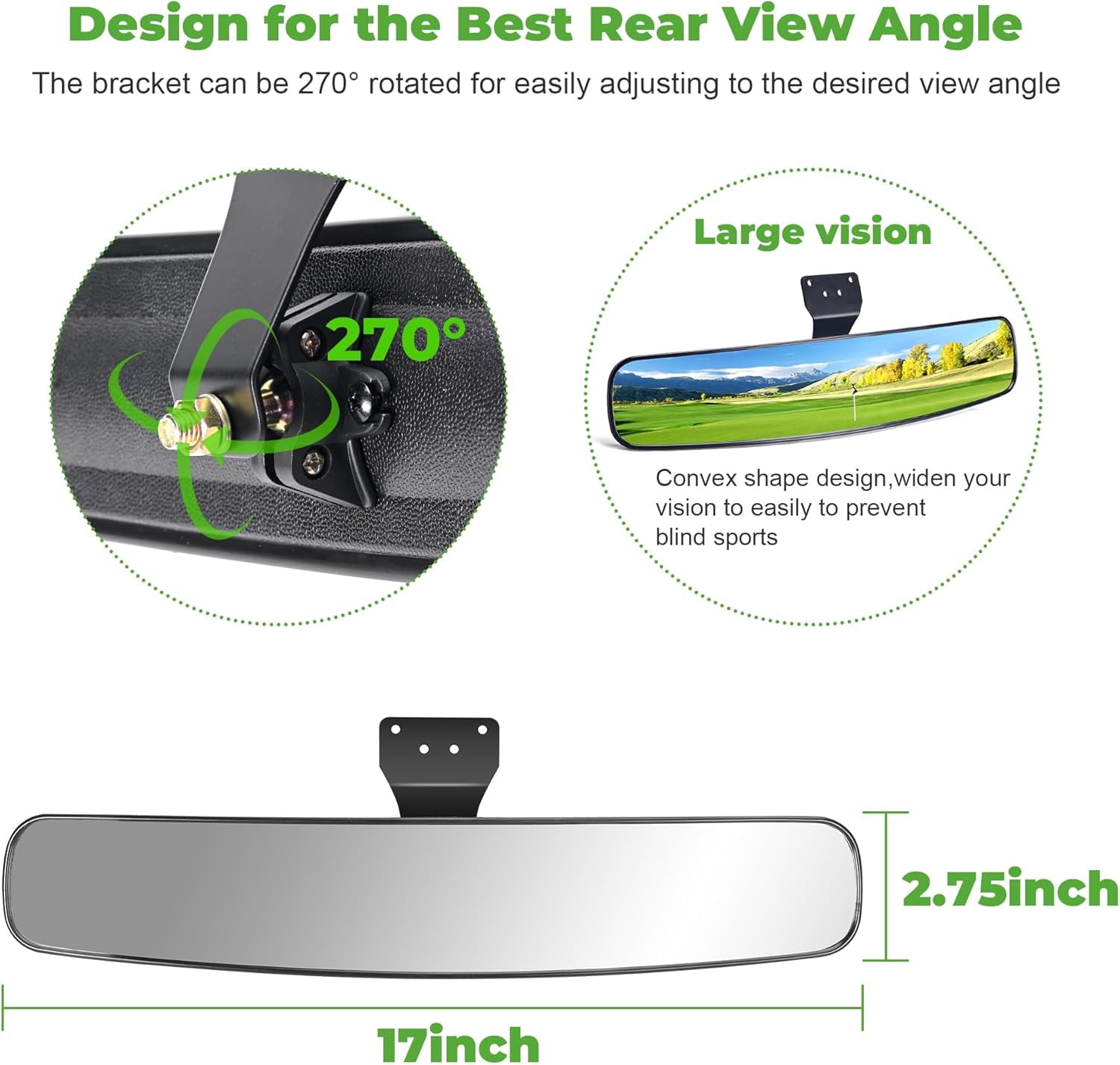 10L0L Extra Wide Golf Cart Rear View Mirror (Black, 16.5 in x 3.2 in) fxqsv