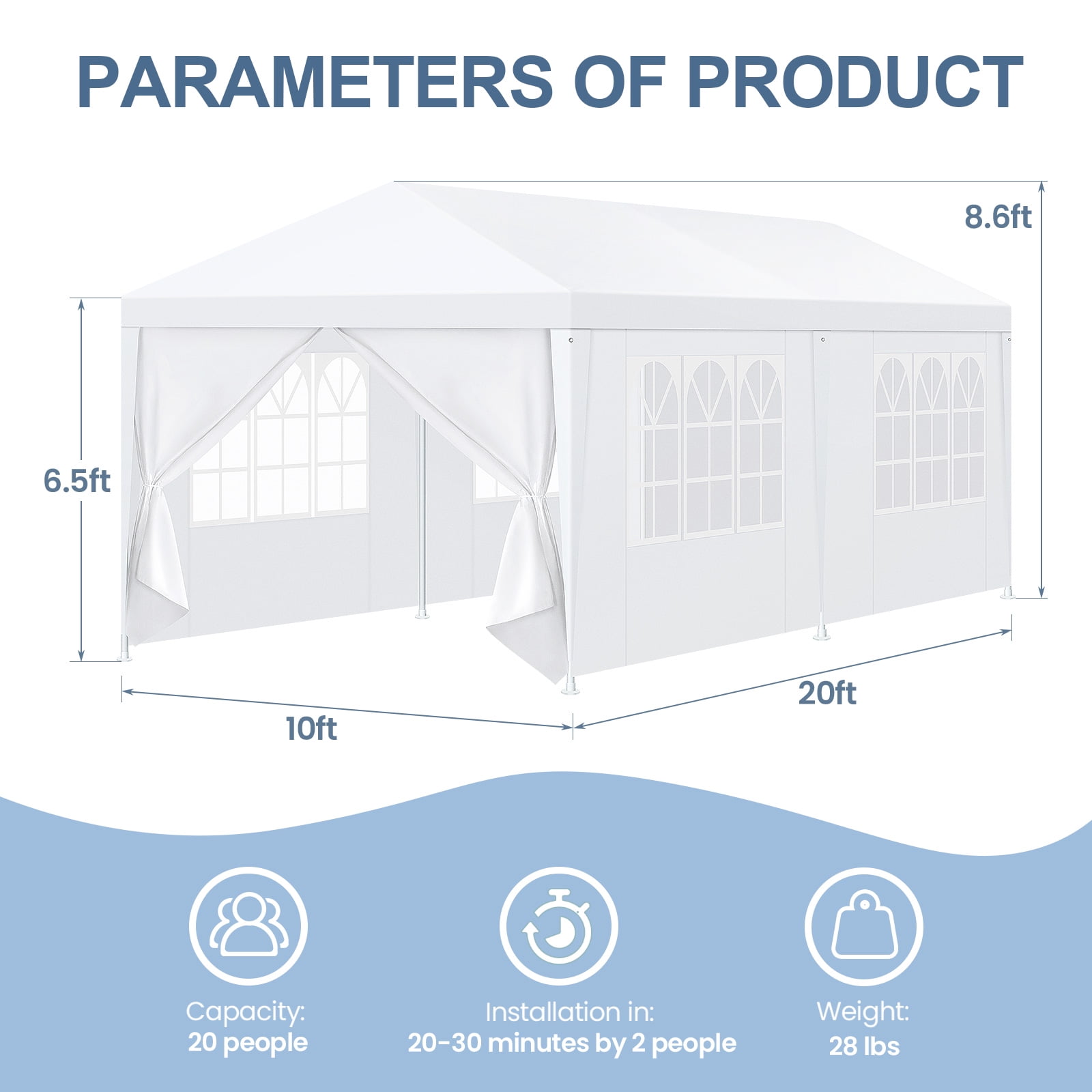 Hoteel 10x20 ft Party Tent Canopy with 6 Removable Sidewalls, Waterproof Outdoor Sun Shade for Weddings and Backyard Events (White, 10x20 ft) xv2ei