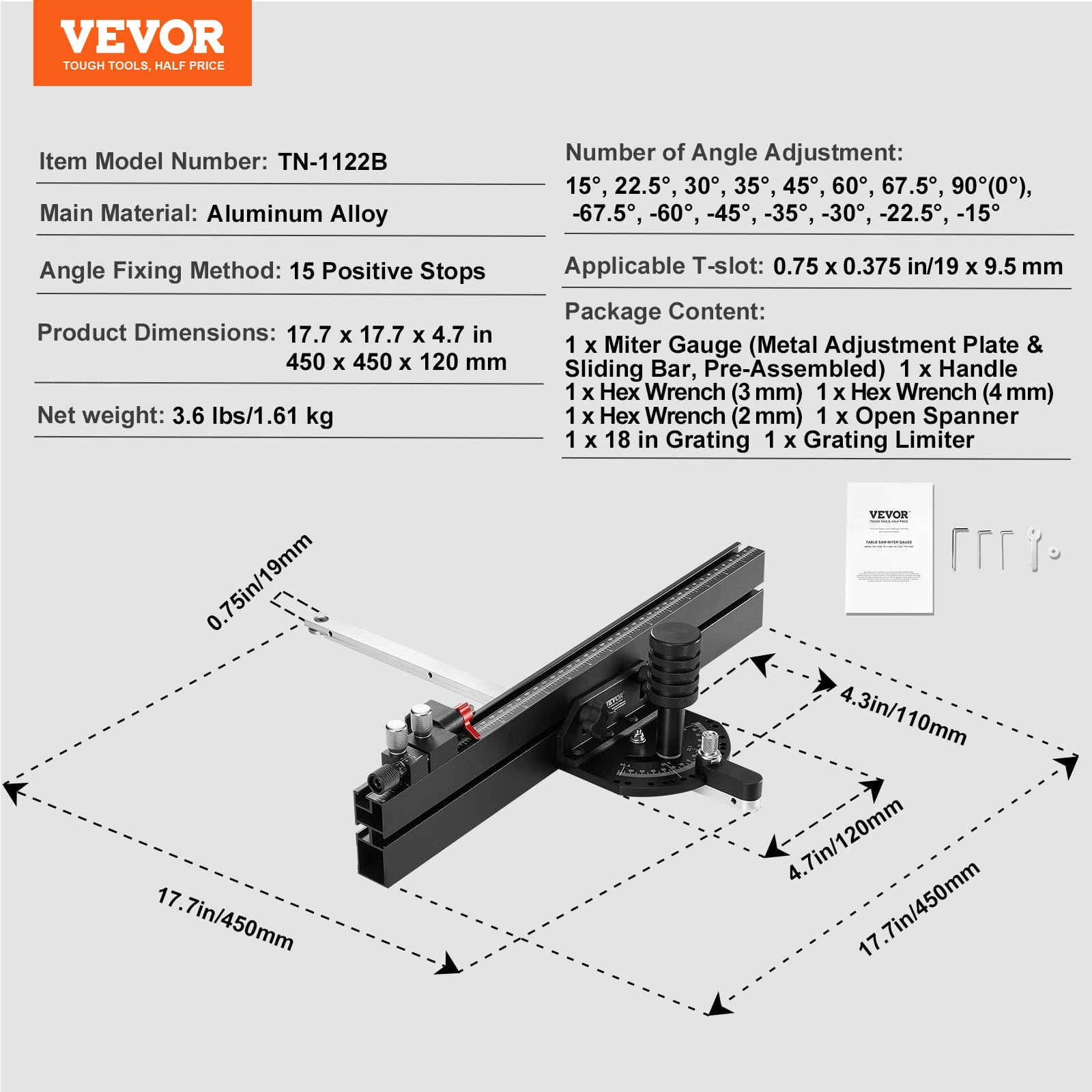 VEVOR Precision Miter Gauge for Table Saw, Aluminum Alloy Woodworking Tool with 15 Angle Stops and Adjustable Plunger (Black, 18 in) t51rz